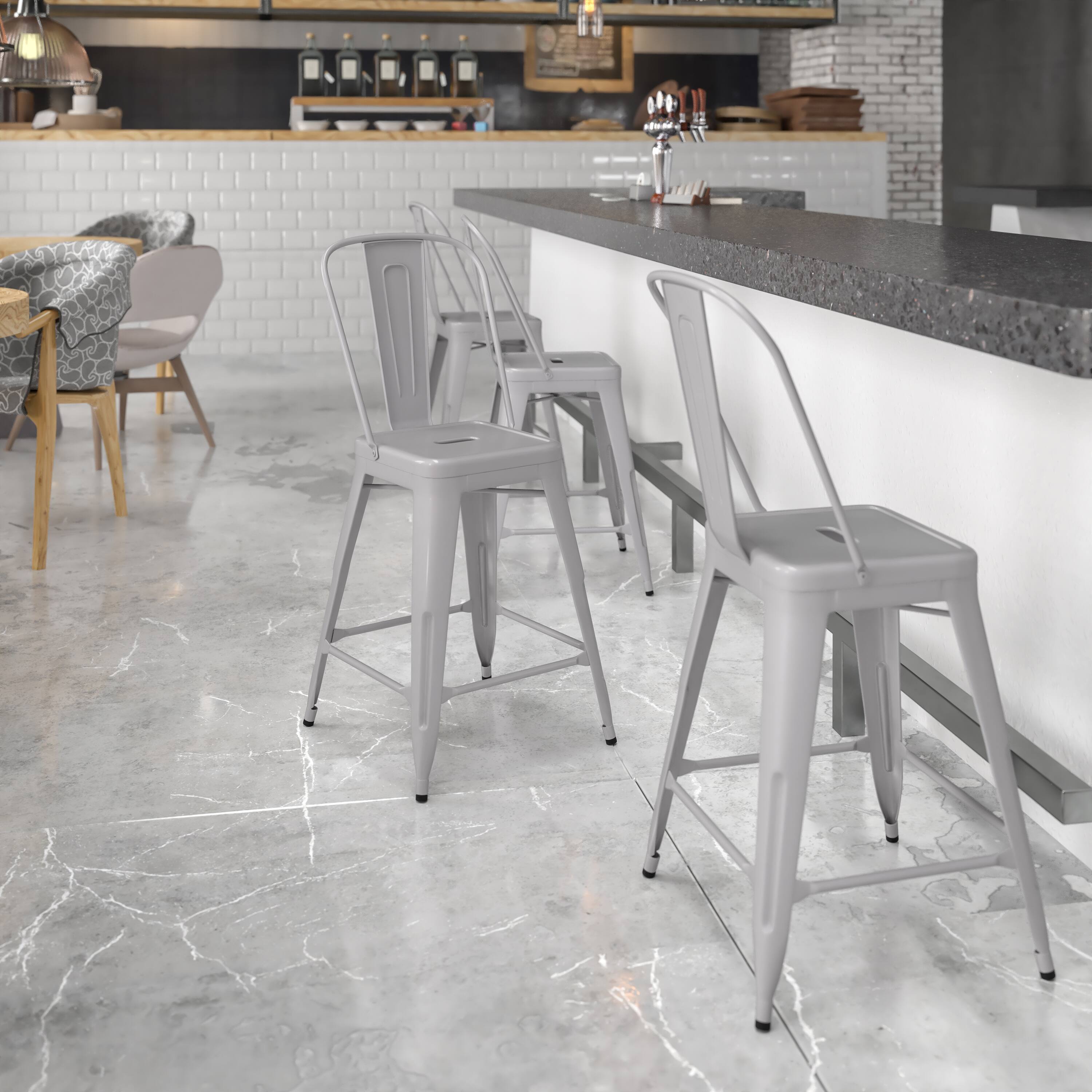 Angle. Flash Furniture - Kai Commercial Grade 24" High Silver Metal Indoor-Outdoor Counter Height Stool with Removable Back - Gray.