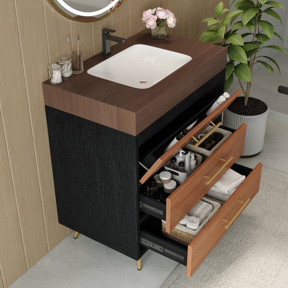 Alt View 1. Loheer - Loheer 29.9 inch bathroom vanity freestanding farmhouse vanity with ceramic vessel sink and sintered stone top - Walnut.