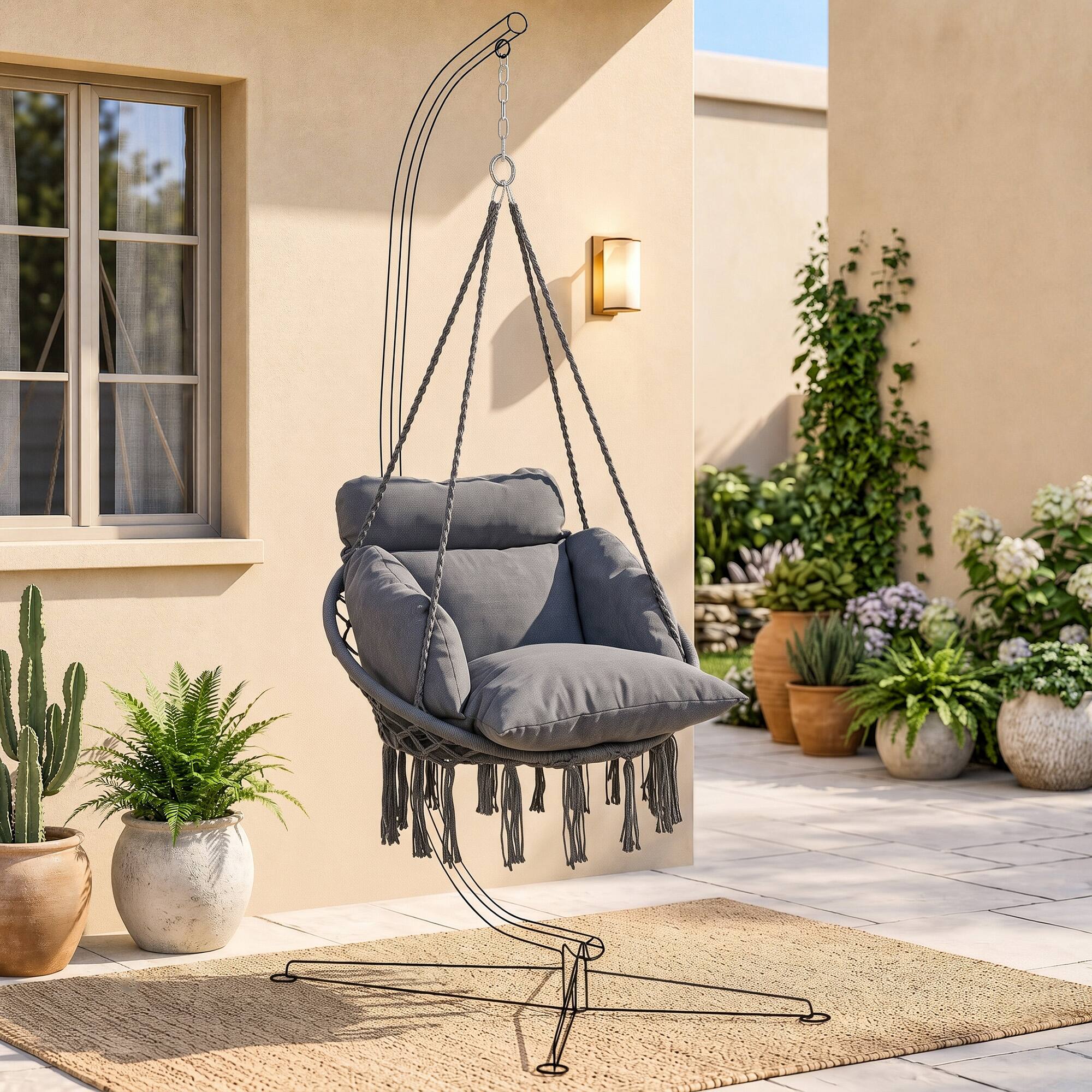 Alt View 7. Outsunny - Swing Chair, Macrame Hanging Chair with Large Cushion, Chain, Steel Frame for Indoor Outdoor Use - Dark Gray.