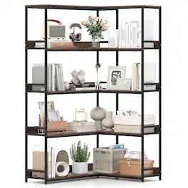 Costway - Corner Bookshelf 5-Tier L-Shaped Bookcase 71" Tall Etagere Bookshelf - Walnut