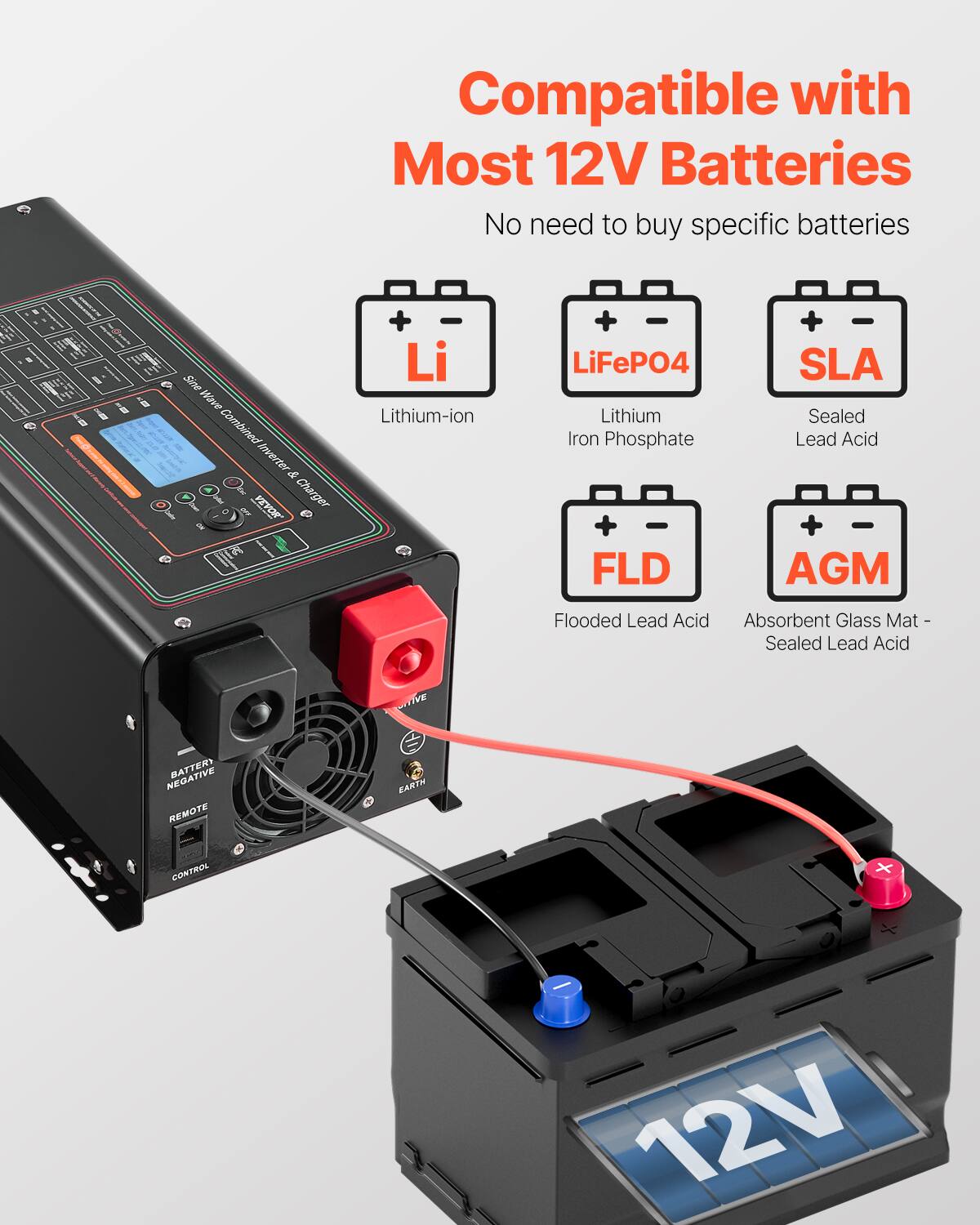 Compatible with Most 12V Batteries  
No need to buy specific batteries  

Sine Wave Combined Inverter & Charger  

Lithium-ion  
- LiFePO4 Lithium Iron Phosphate  
- SLA Sealed Lead Acid  
- FLD Flooded Lead Acid  
- AGM Absorbent Glass Mat - Sealed Lead Acid  

VE  
NEGATIVE BATTERY REMOTE  
EARTH  
CONTROL  
x  
12V