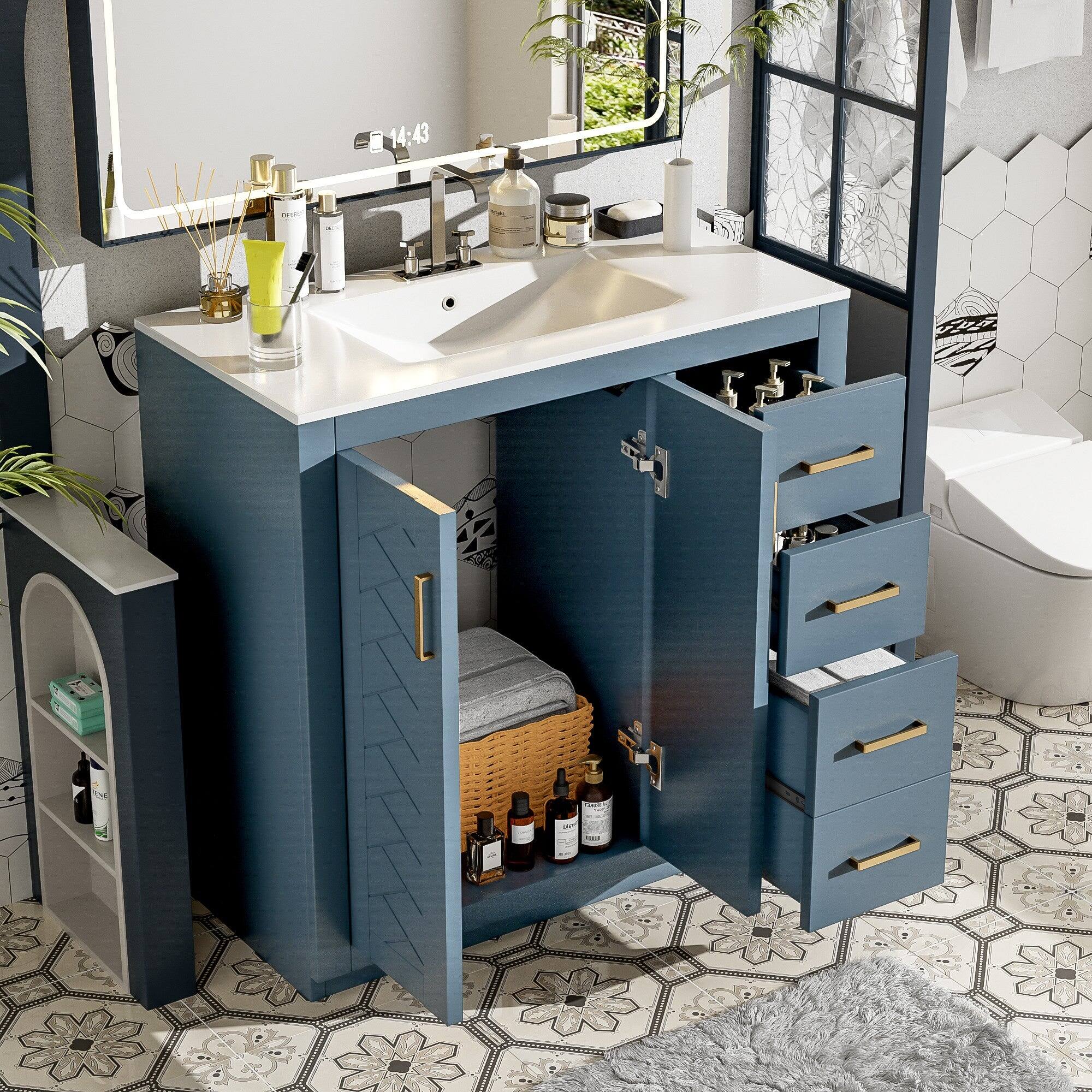 Alt View 1. Boyel Living - 36 Inch Solid Wood Bathroom Vanity with Ceramic Sink and Three Drawers Indigo - Blue.