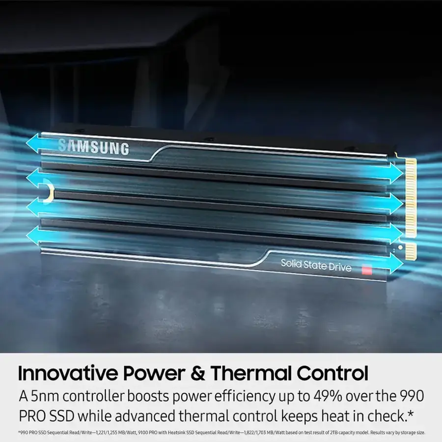 SAMSUNG Solid State Drive Innovative Power & Thermal Control A 5nm controller boosts power efficiency up to 49% over the 990 PRO SSD while advanced thermal control keeps heat in check.