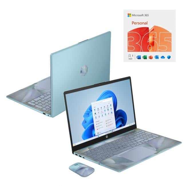 HP - 15.6" HD AI Laptop with Copilot Intel N100 4GB RAM 128GB UFS +HP Wireless Mouse+1Year Microsoft 365 - Spring Iridescence