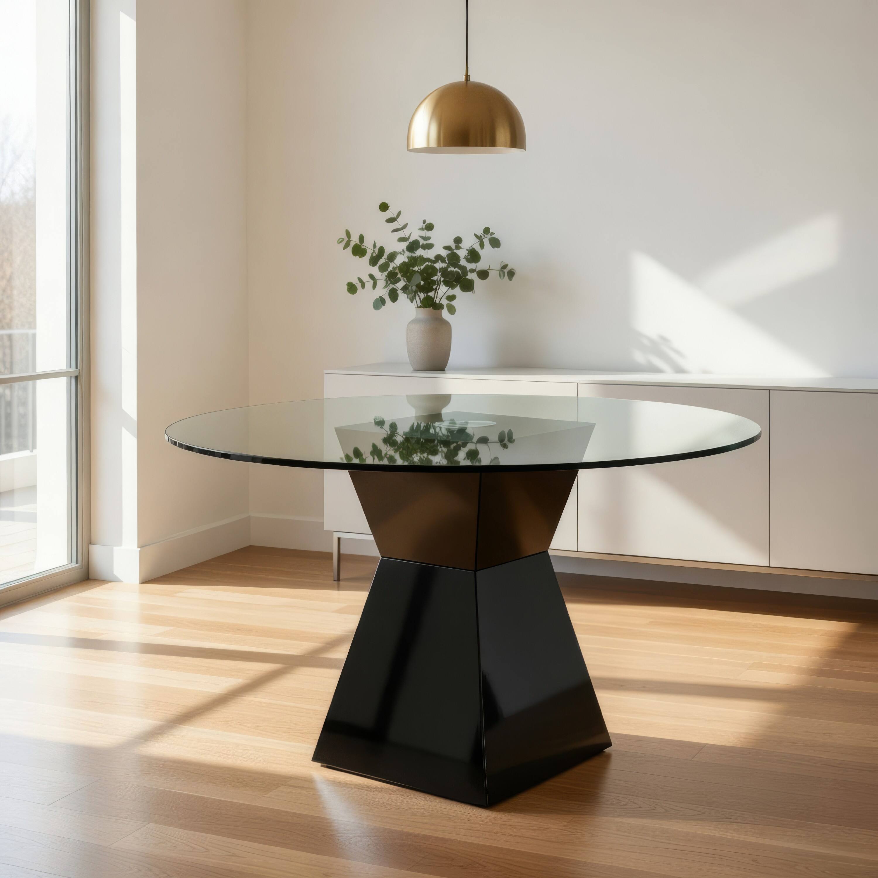 Alt View 7. Manhattan Lane - Contemporary Round Glass Dining Table with Square Pedestal Base - Black.