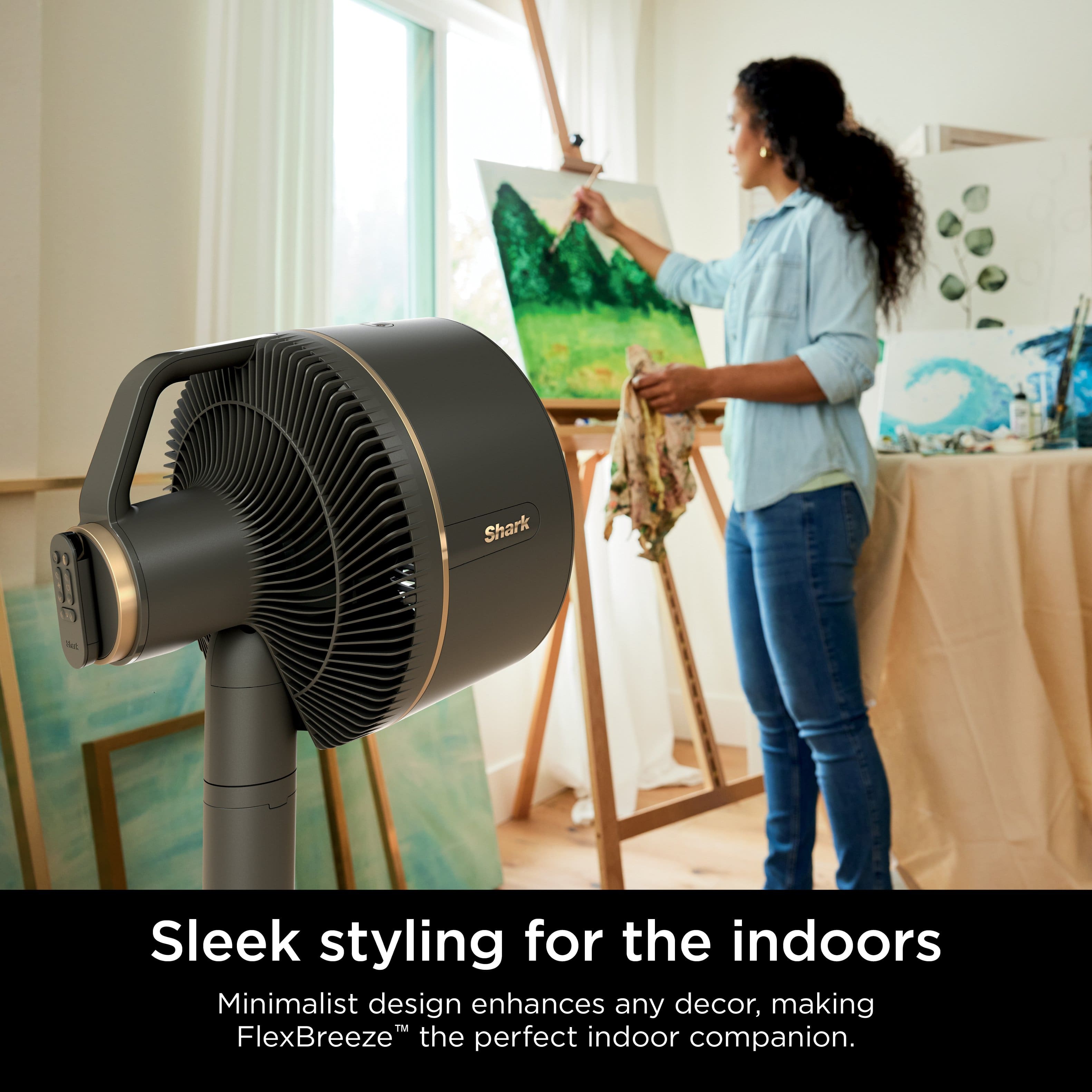 "Shark - Sleek styling for the indoors. Minimalist design enhances any decor, making FlexBreeze the perfect indoor companion."