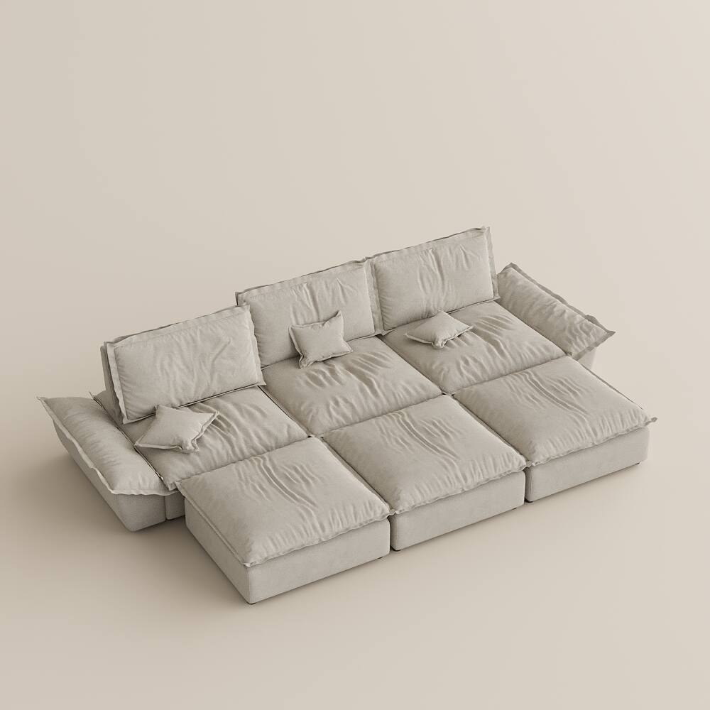 Alt View 10. POVISON - Modern Beige Sleeper Sofa with 3 Ottomans - Beige Suede Fabric.