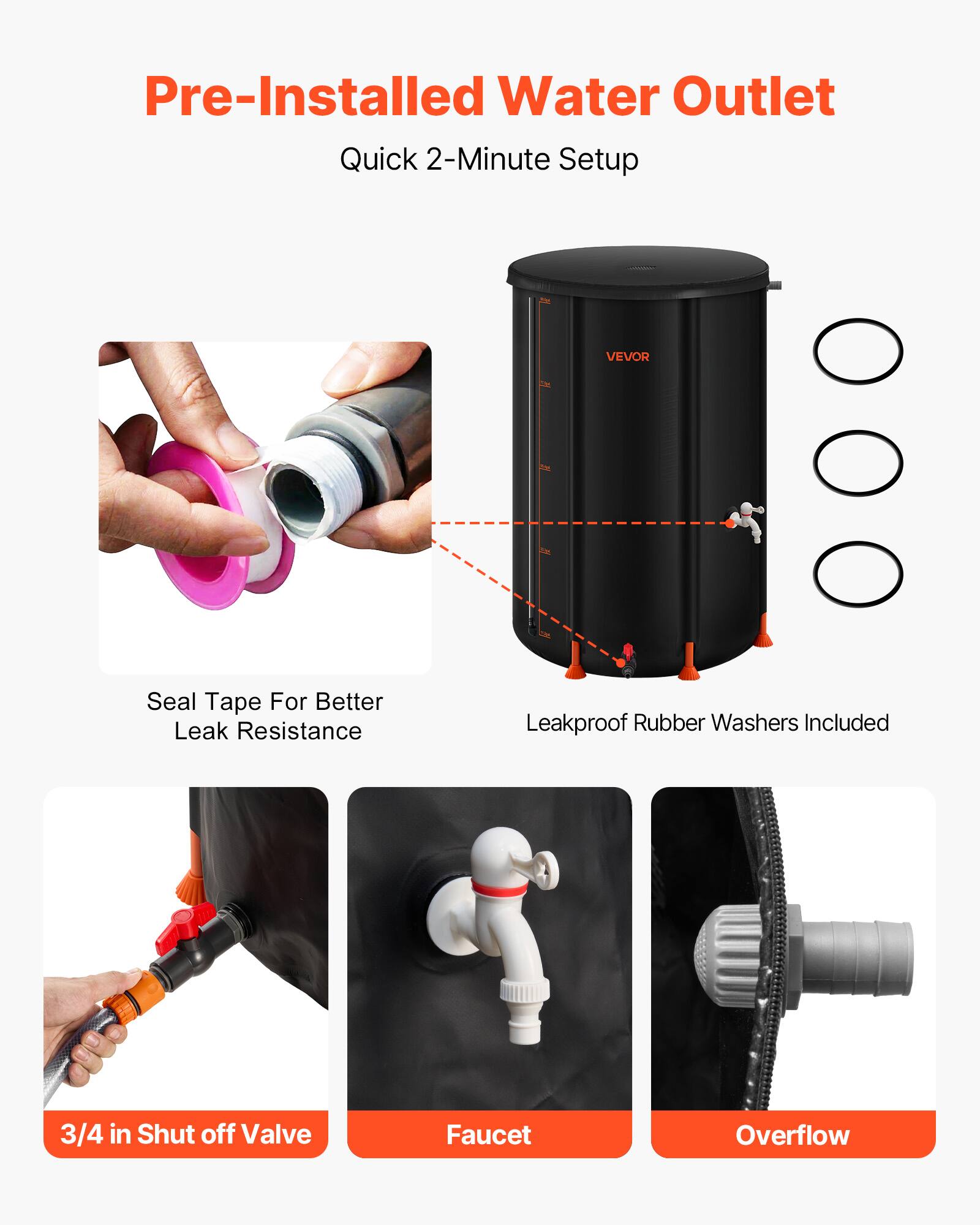 Pre-Installed Water Outlet  
Quick 2-Minute Setup  

VEVOR Seal Tape For Better Leak Resistance  
Leakproof Rubber Washers Included  

3/4 in Shut off Valve  
Faucet  
Overflow