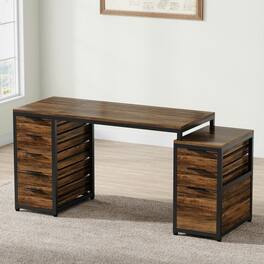 Kadyn - Study Writing Desk, 63" Computer Table with File Cabinet and Storage Drawers - Brown