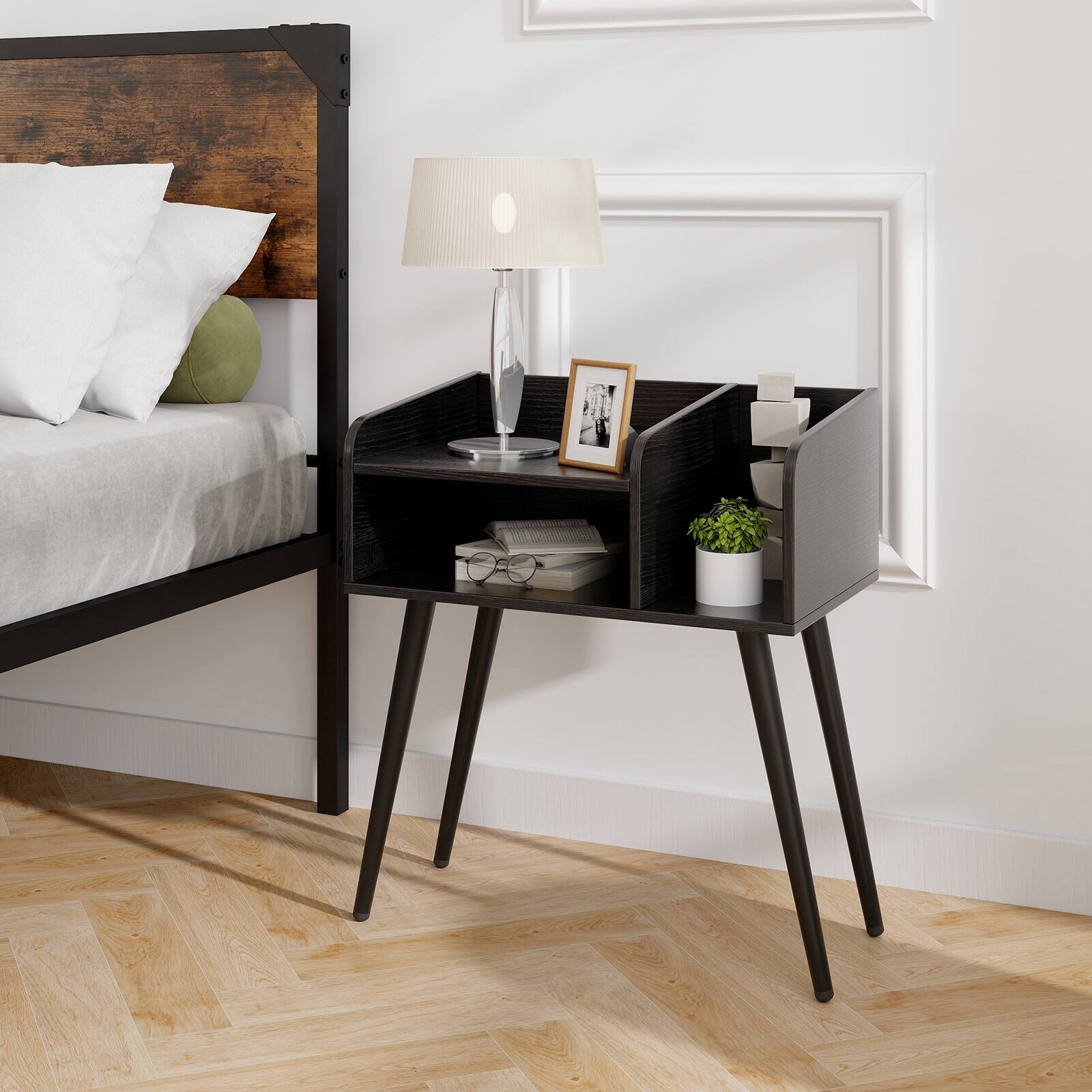 Alt View 1. Ecooso - Mid Century Nightstand with Open Shelves Modern Bedside End Side Table for Bedroom - Black.