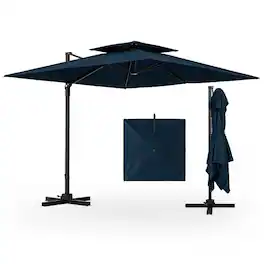Kadyn - 9.5 Feet Cantilever Patio Umbrella with 360° Rotation and Double Top-Navy, Patio Offset Umbrella with Tilt Adjustment