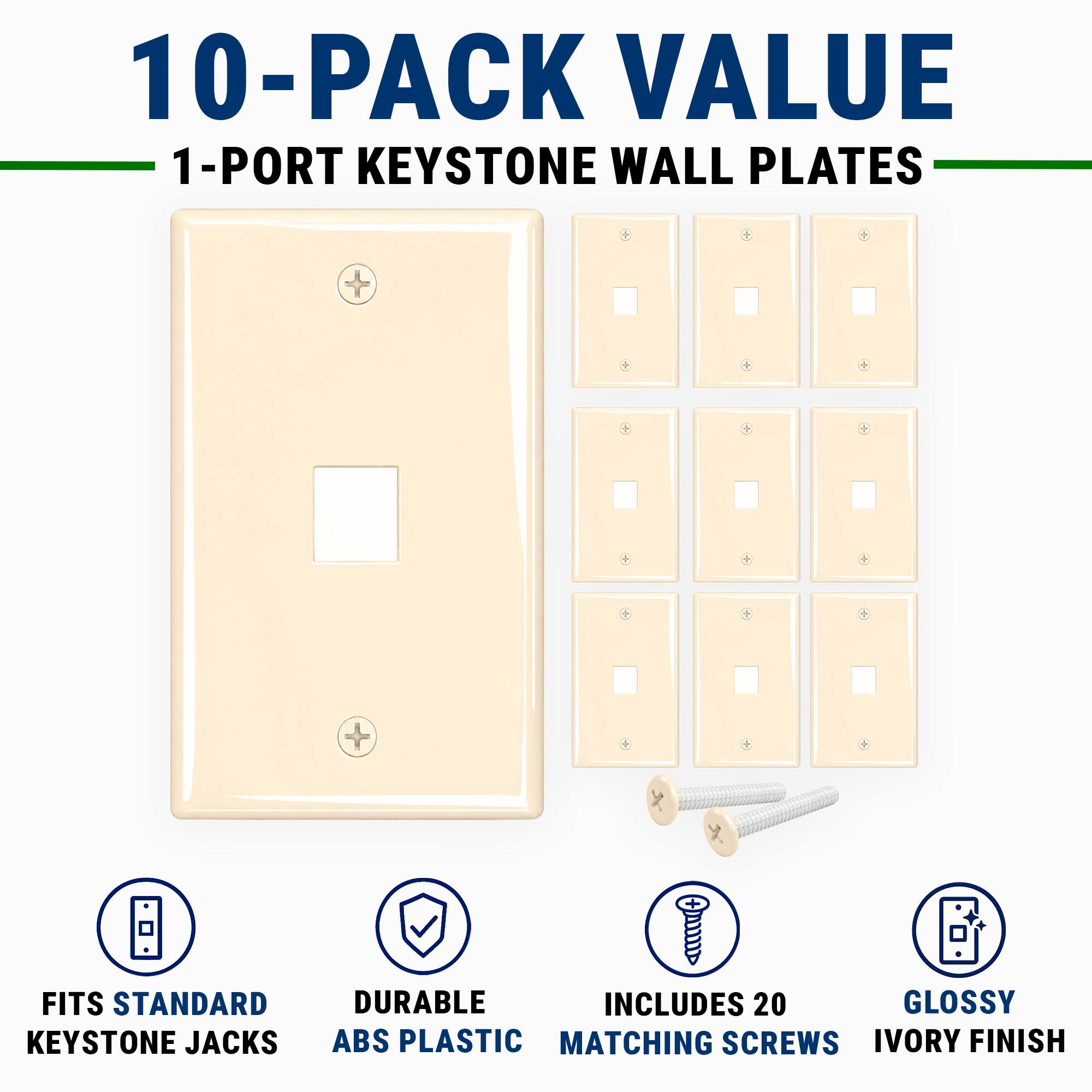 10-Pack Value 1-Port Keystone Wall Plates Fits Standard Keystone Jacks Durable Includes 20 Glossy ABS Plastic Matching Screws Ivory Finish