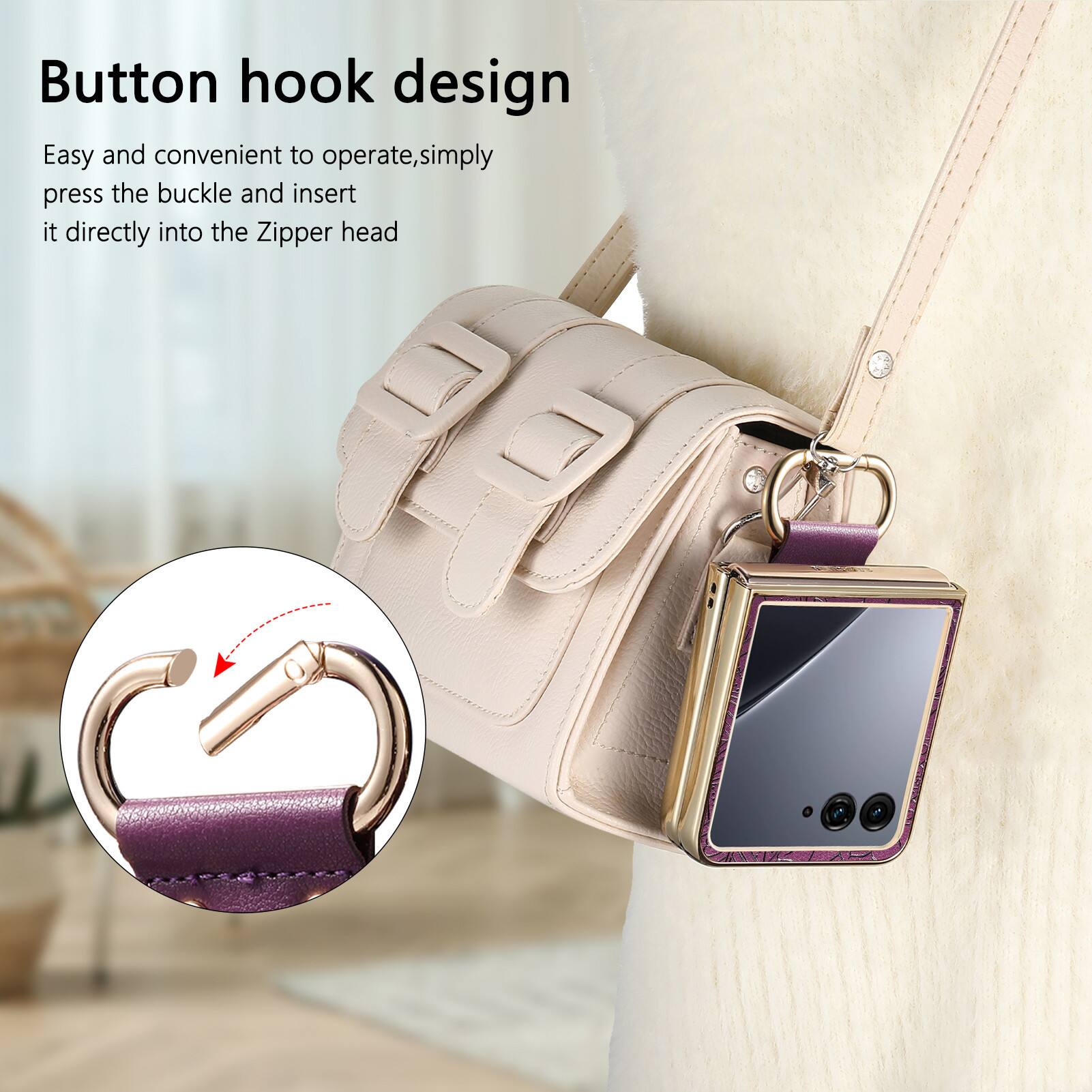 Button hook design  
Easy and convenient to operate, simply press the buckle and insert it directly into the Zipper head