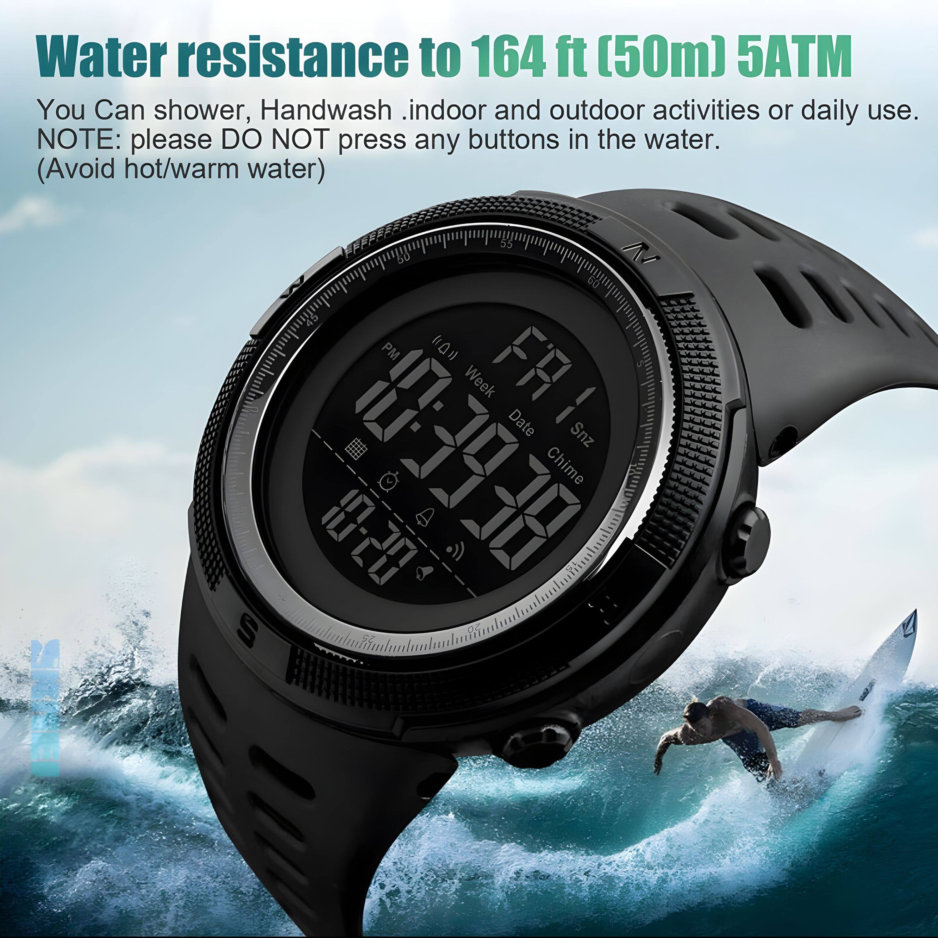 Water resistance to 164 ft (50m) 5ATM

You Can shower, Handwash, indoor and outdoor activities or daily use.

NOTE: please DO NOT press any buttons in the water. (Avoid hot/warm water)