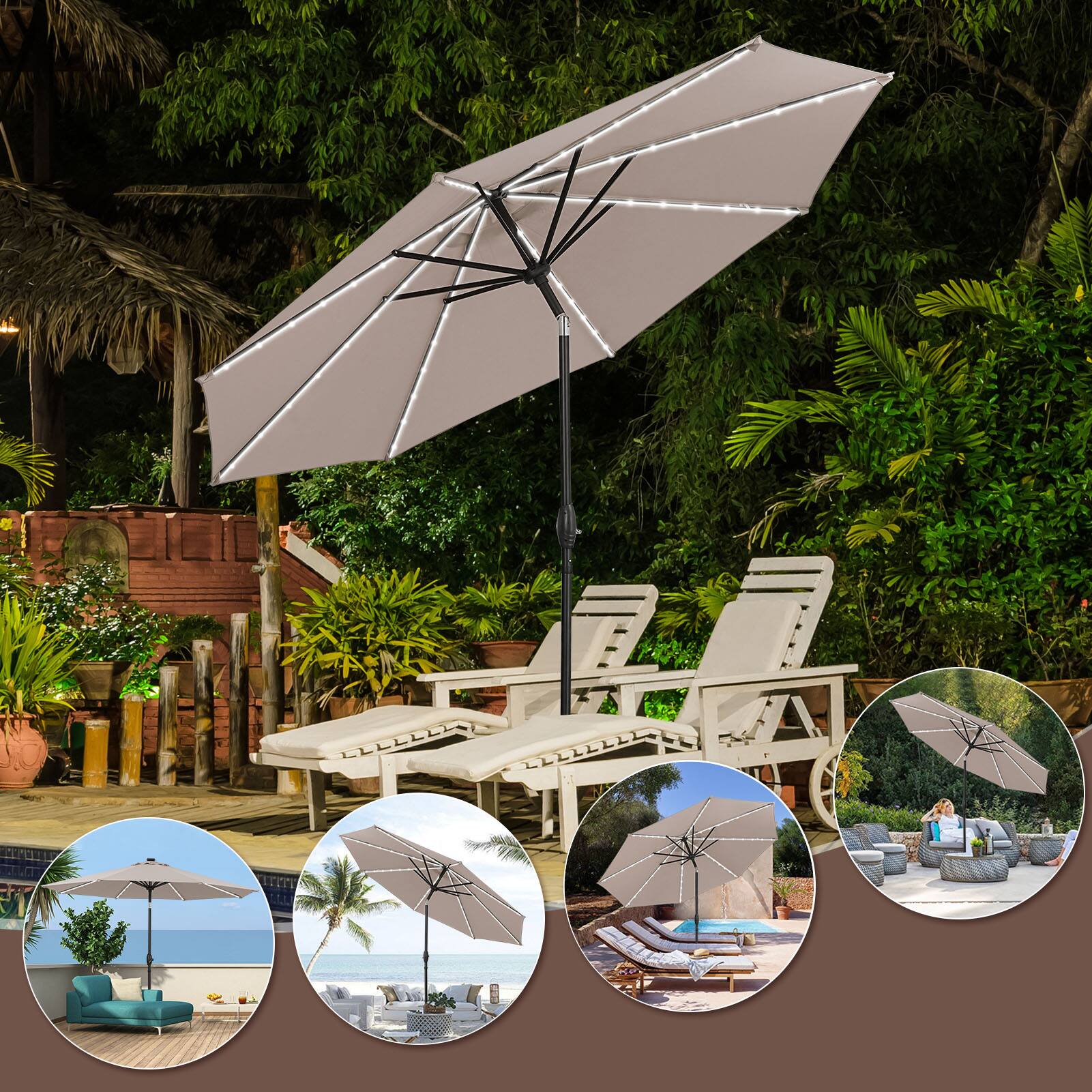 Back. Ainfox - Ainfox 10ft Led Light Bar Patio Umbrella With Umbrella Base  For Market,Yard,Lawn Etc - Khaki.