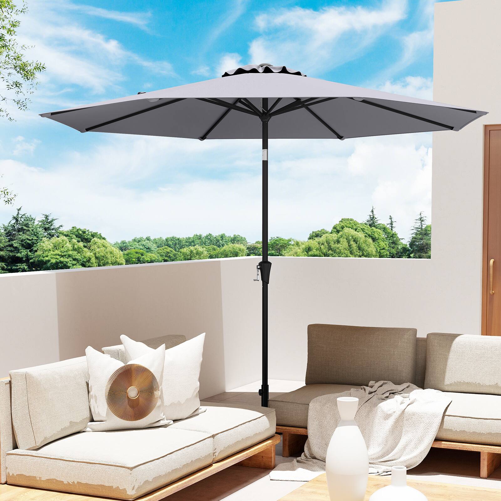 Alt View 3. Gymax - Gymax Patio Heavy Duty Market Umbrella w/ Tilt Mechanism Crank Handle 8 Sturdy Ribs Outdoor - Grey.