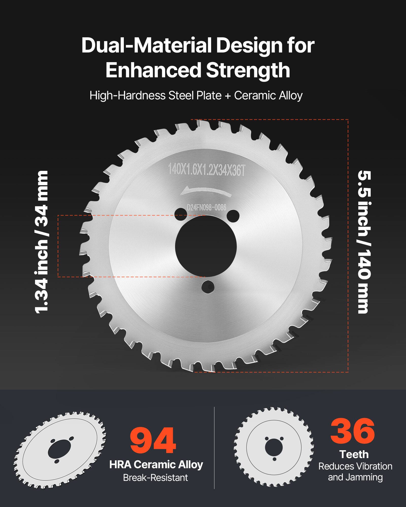 Dual-Material Design for Enhanced Strength  
High-Hardness Steel Plate + Ceramic Alloy  

1.34 inch / 34 mm  
5.5 inch / 140 mm  

94 HRA Ceramic Alloy Break-Resistant  
36 Teeth Reduces Vibration and Jamming