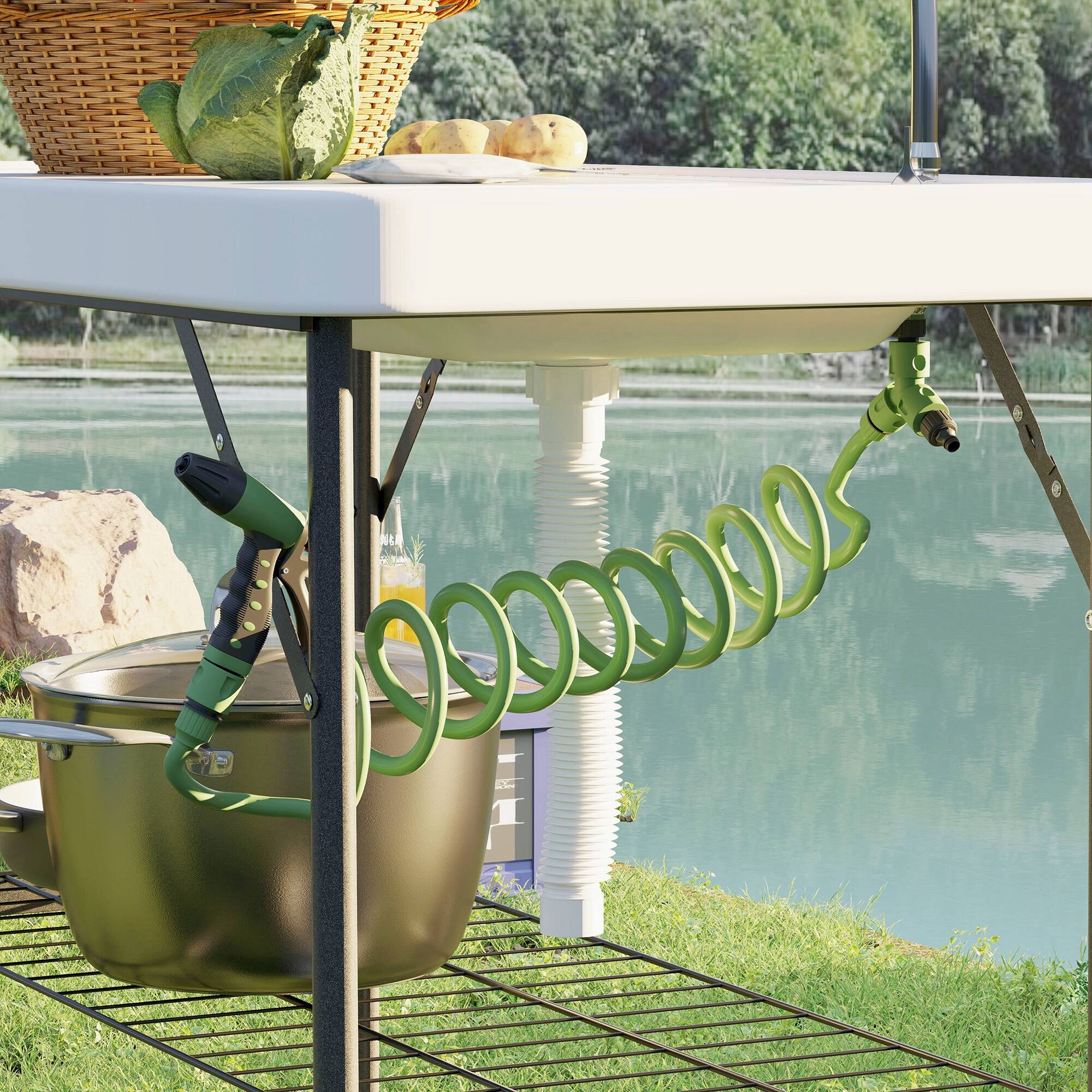 Alt View 7. Outsunny - Folding Fish Cleaning Table with Sink, Portable Camping Sink Station with Faucet, Drainage Hose, Sprayer - White.