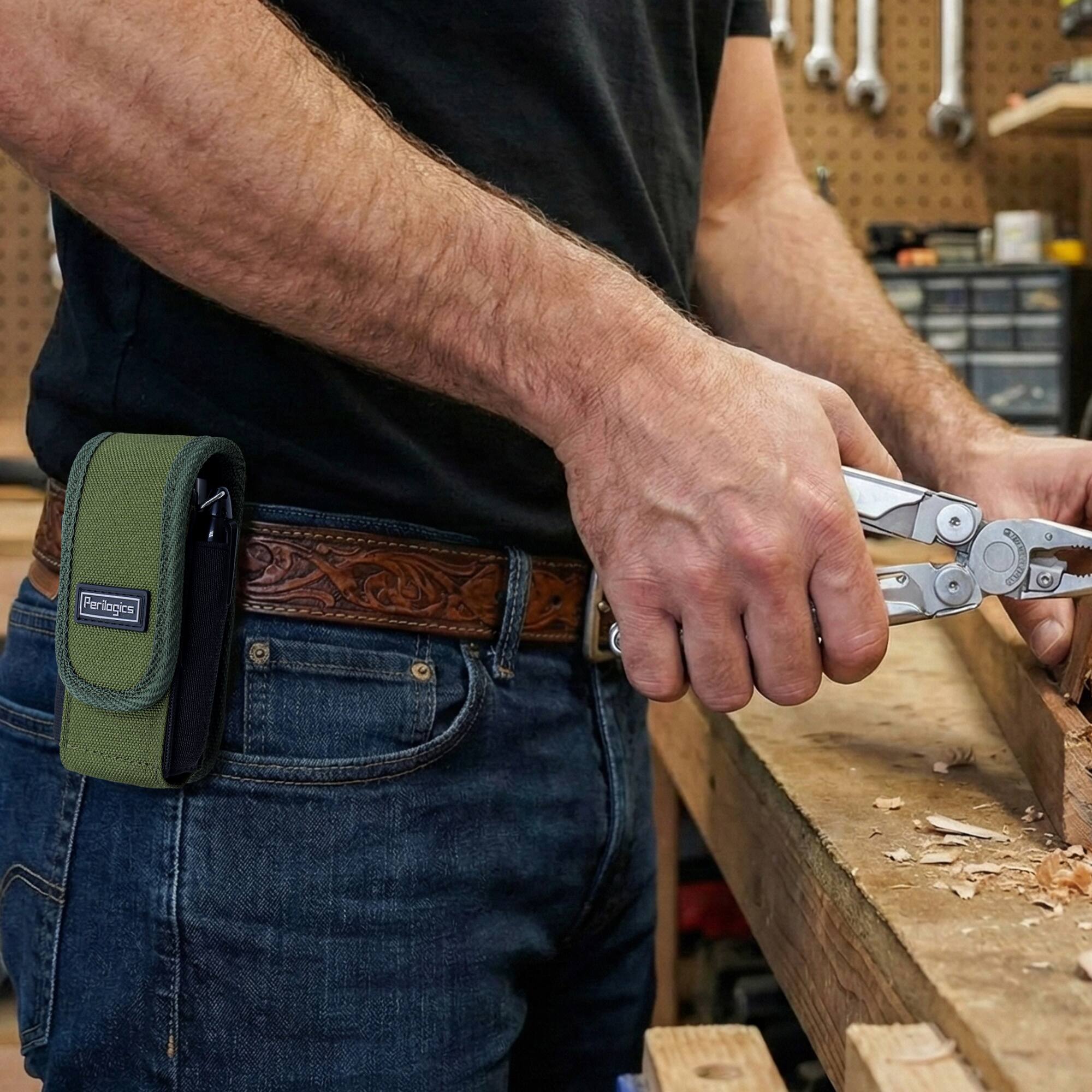 Alt View 9. Perilogics - Multitool Sheath – Magnetic Closure Belt Pouch & Tool Holster with Metal Clip, Heavy-Duty Nylon Fits Leatherman & Gerber - Olive Drab.