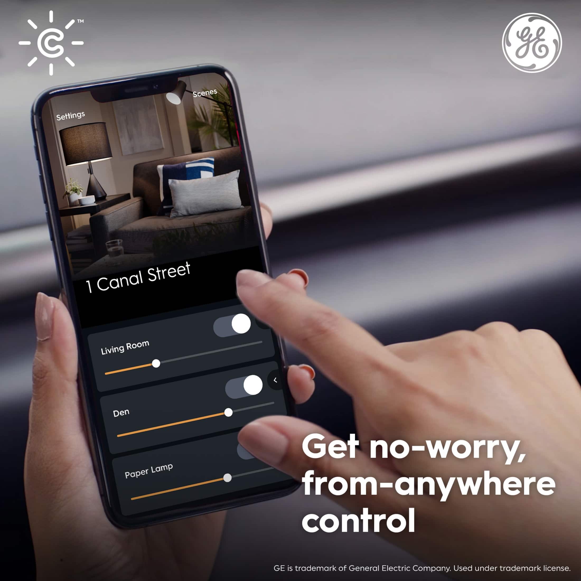The text on the image can be grouped and corrected as follows:
"Get no-worry, from-anywhere control on Canal Street with 1 Room Living and Den Paper Lamp. GE is a trademark of the General Electric Company and is used under trademark license."
