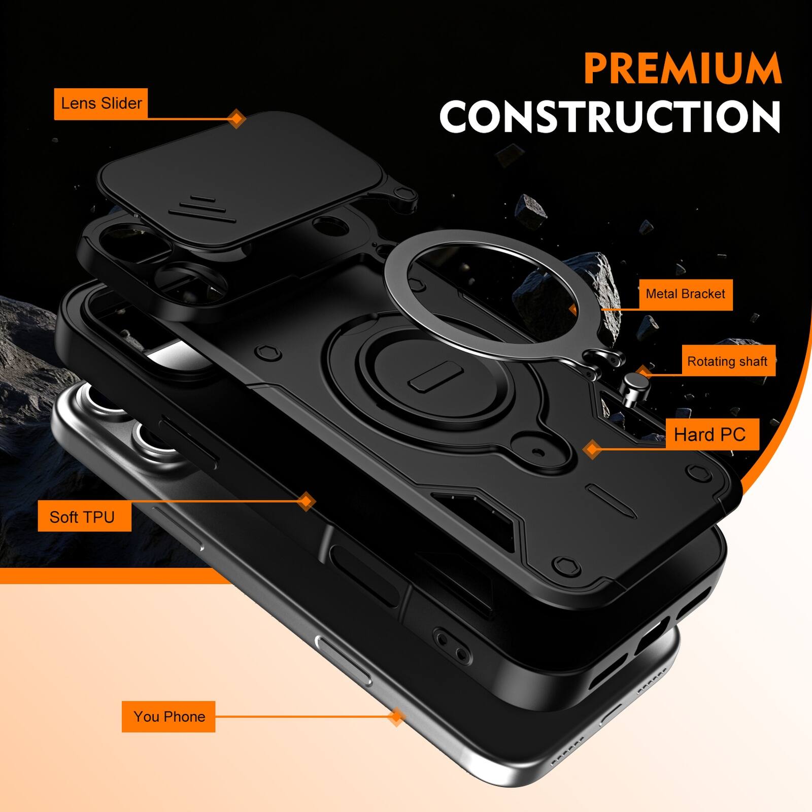 Lens Slider  
PREMIUM CONSTRUCTION  
Metal Bracket  
Rotating shaft  
Hard PC  
Soft TPU  
You Phone