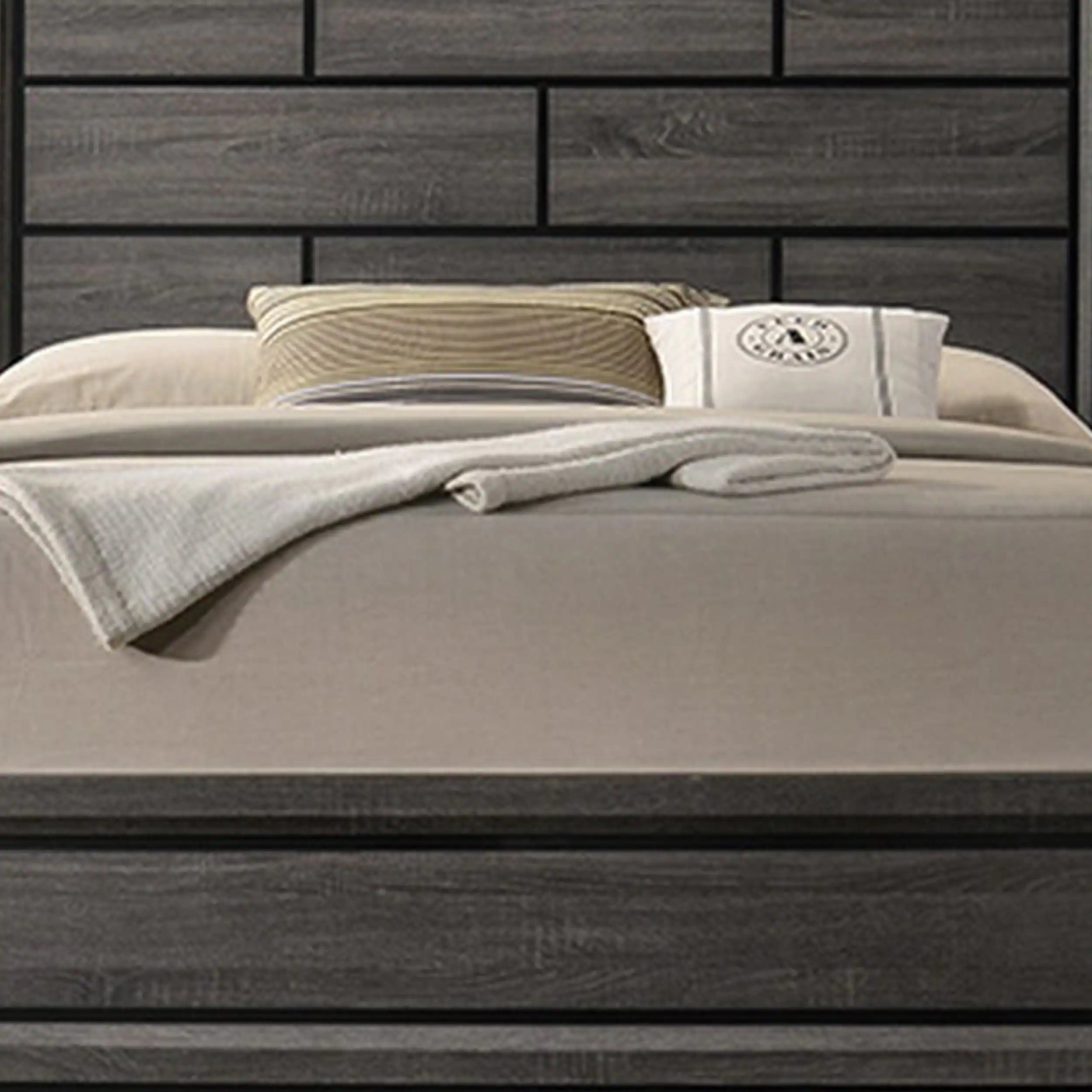 Alt View 1. Manhattan Lane - Mazie Queen Bed, Brick Style Headboard, Black Tapered Legs - Gray, Black.