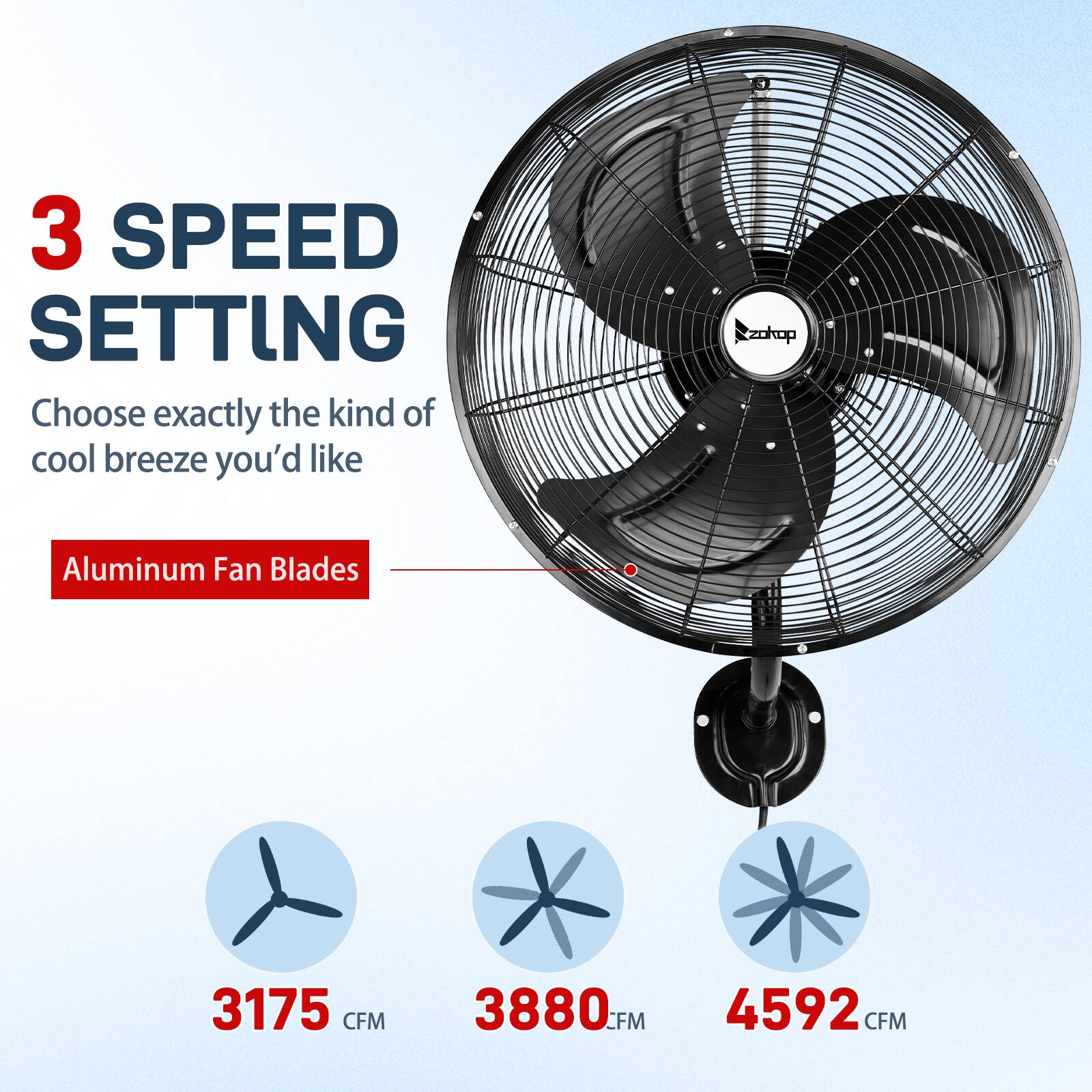 3 SPEED SETTING  
Choose exactly the kind of cool breeze you'd like  
Aluminum Fan Blades  
3175 CFM  
3880 CFM  
4592 CFM