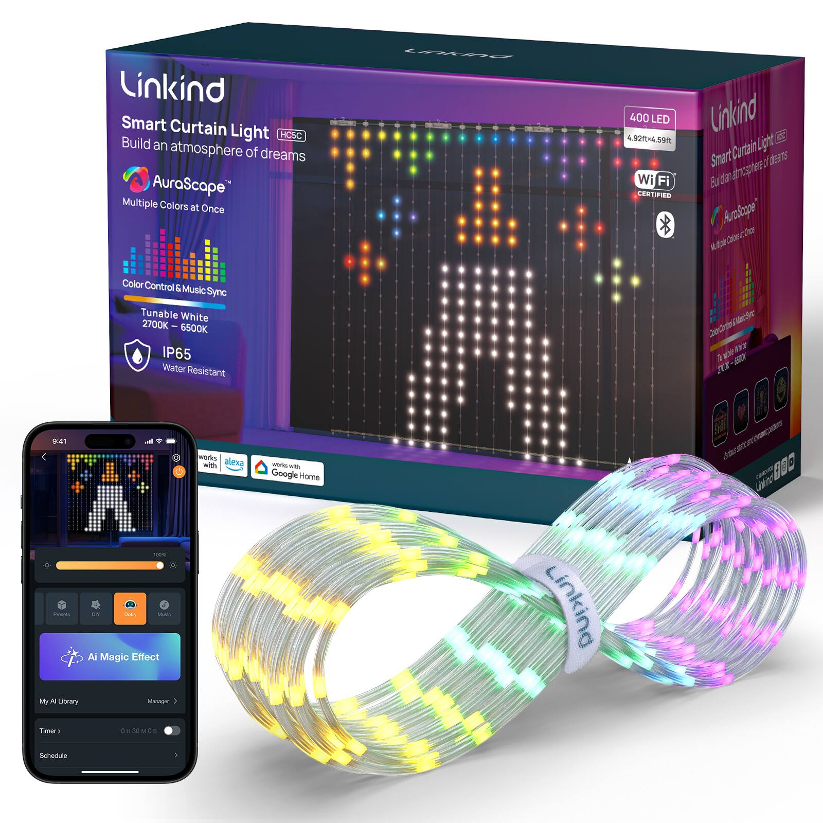 Linkind Smart Curtain Light HCSC  
Build an atmosphere of dreams  
AuraScape  
Multiple Colors at Once  
400 LED  
4.92ft x 4.59ft  
Wi-Fi CERTIFIED  
Color Control & Music Sync  
Tunable White 2700K - 6500K  
IP65 Water Resistant  
Works with Alexa - Google Home  
AI Magic Effect  
Linking Timer  
Schedule  

Linkind  
Smart Curtain Light HCSC  
Build an atmosphere of dreams  
AuraScape  
Multiple Colors at Once  
Color Control & Music Sync  
Tunable White 2700K - 6500K  
IP65 Water Resistant  
Works with Alexa - Google Home  
AI Magic Effect  
Linking Timer  
Schedule  

Linkind  
Smart Curtain Light HCSC  
Build an atmosphere of dreams  
AuraScape  
Multiple Colors at Once  
Color Control & Music Sync  
Tunable White 2700K - 6500K  
IP65 Water Resistant  
Works with Alexa - Google Home  
AI Magic Effect  
Linking Timer  
Schedule  

Linkind  
Smart Curtain Light HCSC  
Build an atmosphere of dreams  
AuraScape  
Multiple Colors