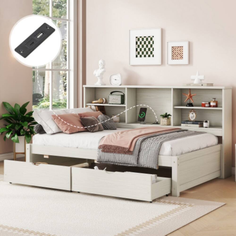 Angle. LUCKY ONE - Twin Size Bed Frame with Side Bookshelves, 2 Drawers, Built-in USB and Type-C Ports, No Box Spring Needed - Creamy White.