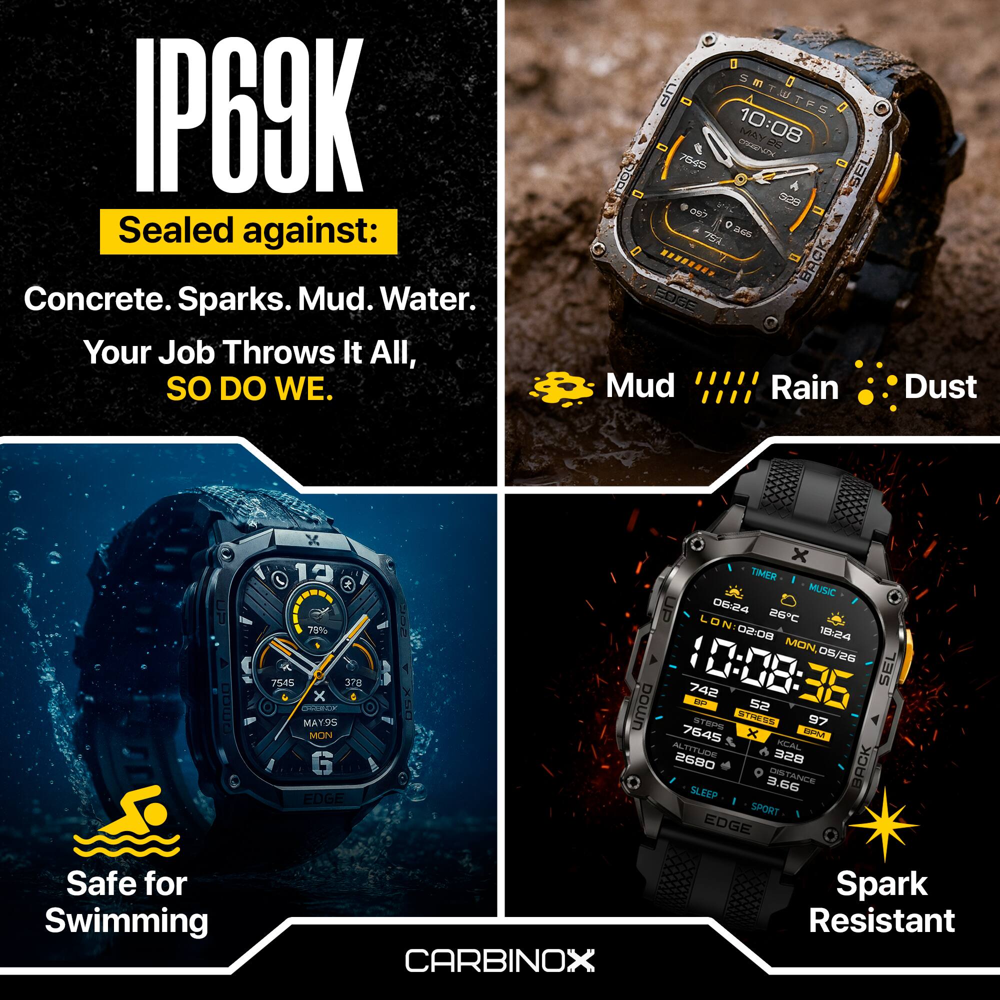 IP69K  
Sealed against:  
Concrete. Sparks. Mud. Water.  
Your Job Throws It All, so DO WE.  

Mud  
Rain  
Dust  

Safe for Swimming  

Spark Resistant  

CARBINOX