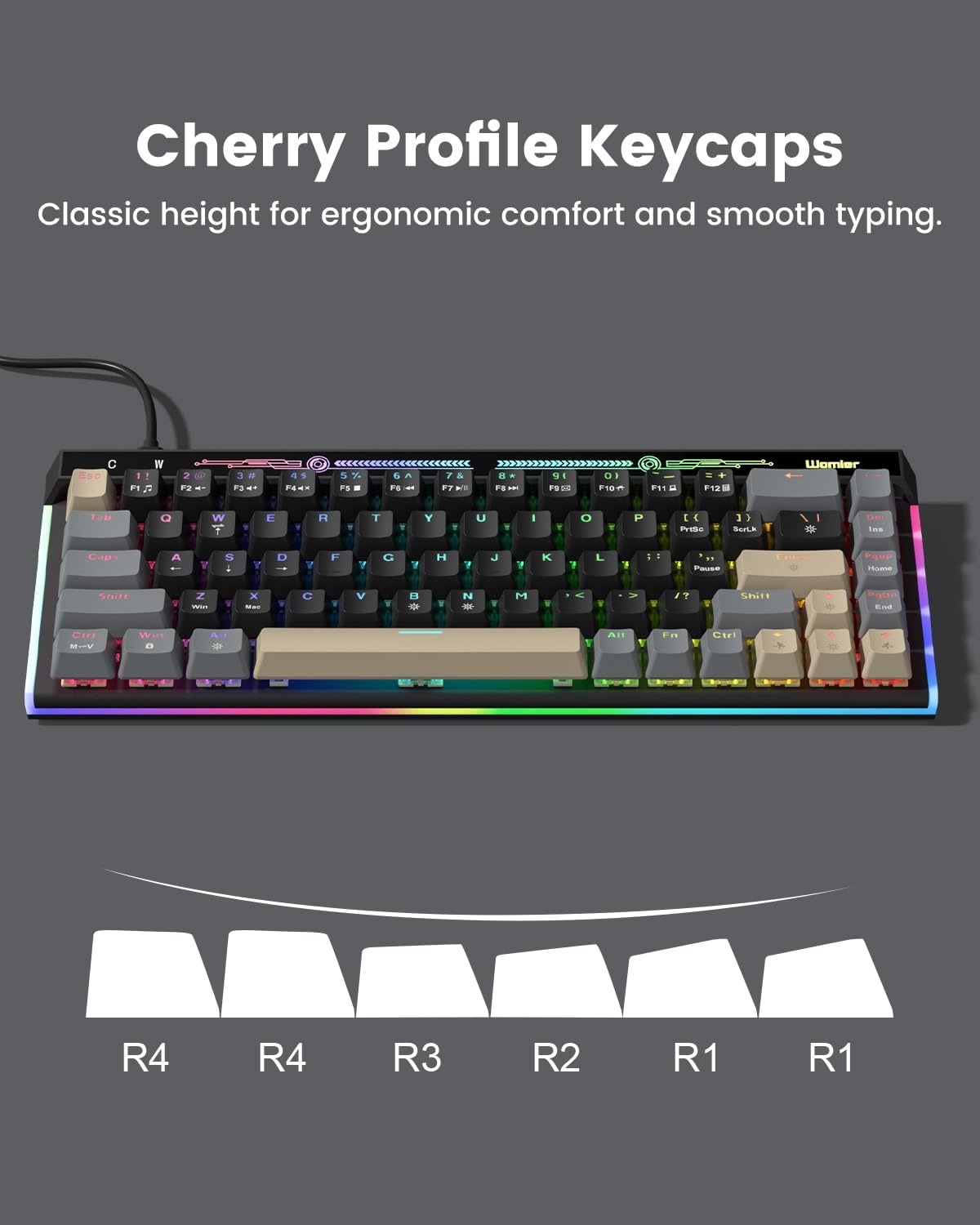 Cherry Profile Keycaps  
Classic height for ergonomic comfort and smooth typing.  

C W F 5 2 E F3 3 FS 4 1 F 5 y FS d FS & F7 F. - O . FSS 18 O3 . FIDA F1 E F12M Womier Fod W F R T Y U I O P : 4 nIS 1 SorLs T d Ins Cape i A 1 Y V F TF a T H Y J ? K 7 L 1 : 1 1 ~ 1 Mom SOit - x C V N # M - 7 Shift Pote E Cirt 8-V M - An1 12 Cul  

R4 R4 R3 R2 R1 R1