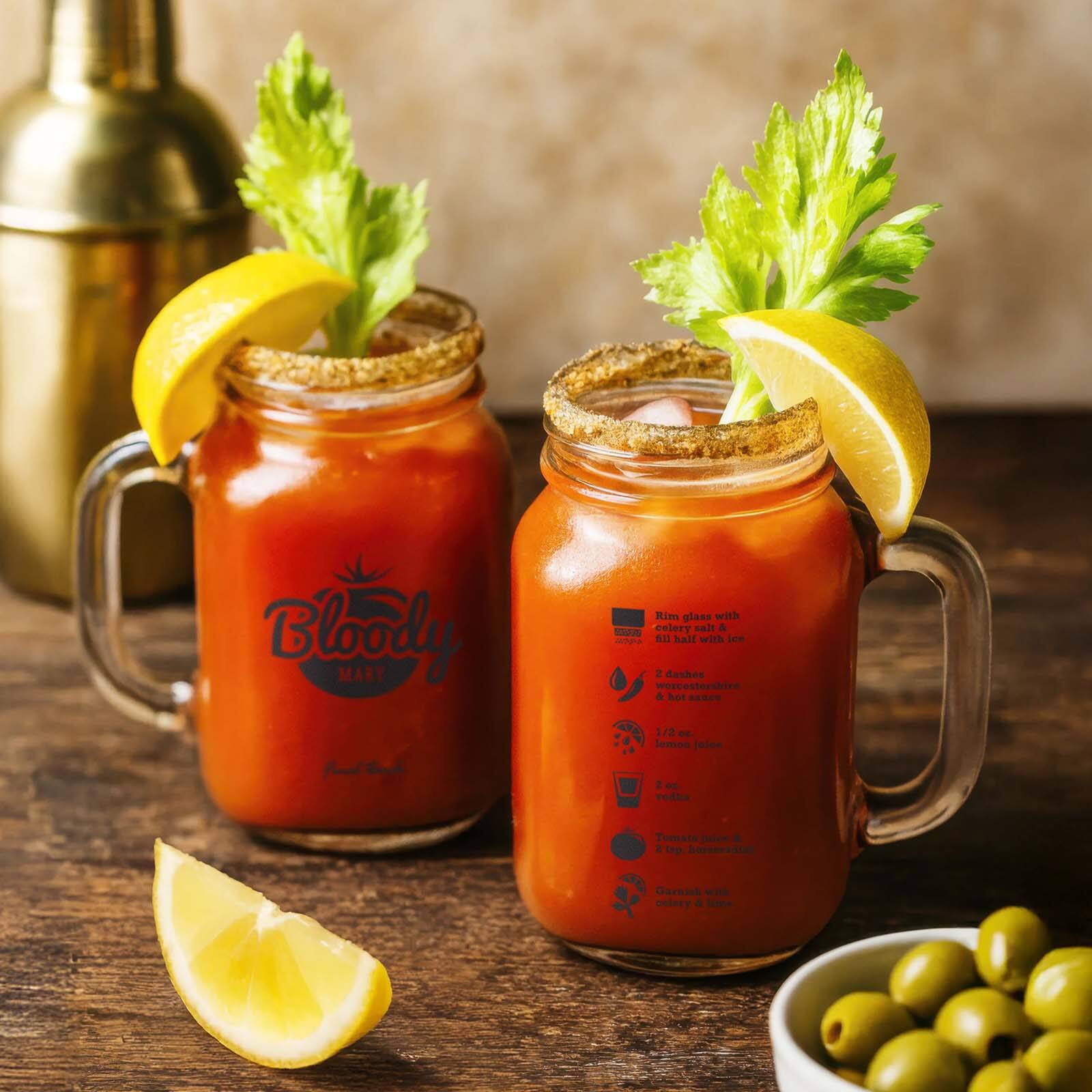Bloody Mary

Rim glass with celery salt
Fill half with ice
2 dashes Worcestershire & hot sauce
1/2 oz. lemon juice
2 oz. vodka
Tomato juice
Garnish with celery & olive