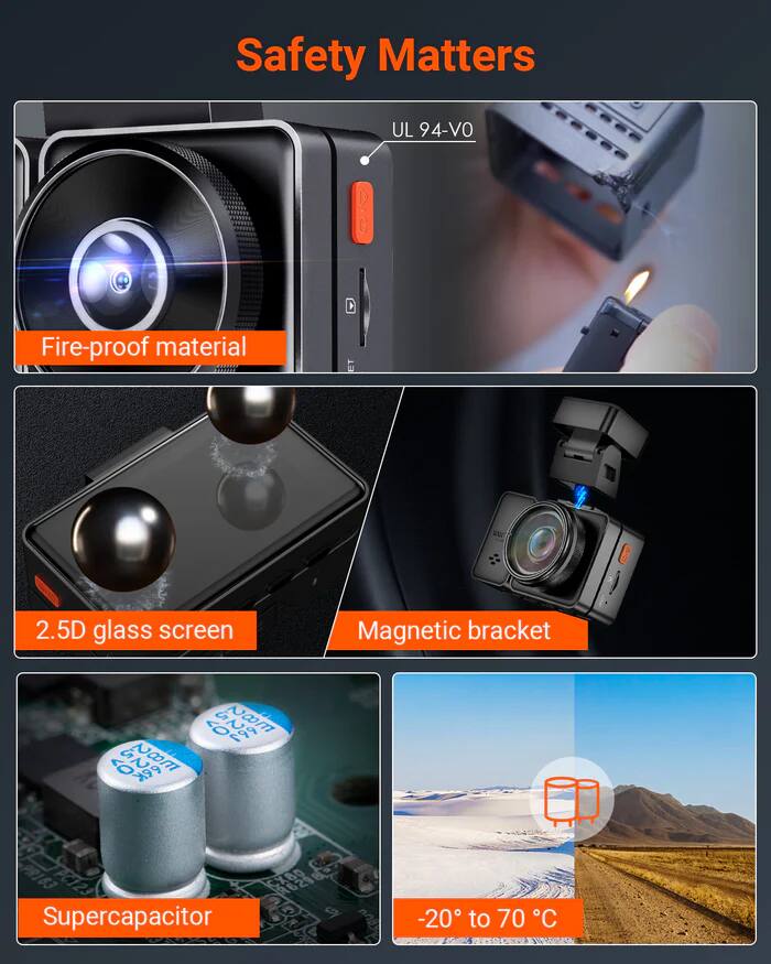 Safety Matters  
UL 94-VO  
Fire-proof material  
2.5D glass screen  
Magnetic bracket  
Supercapacitor  
-20° to 70°C