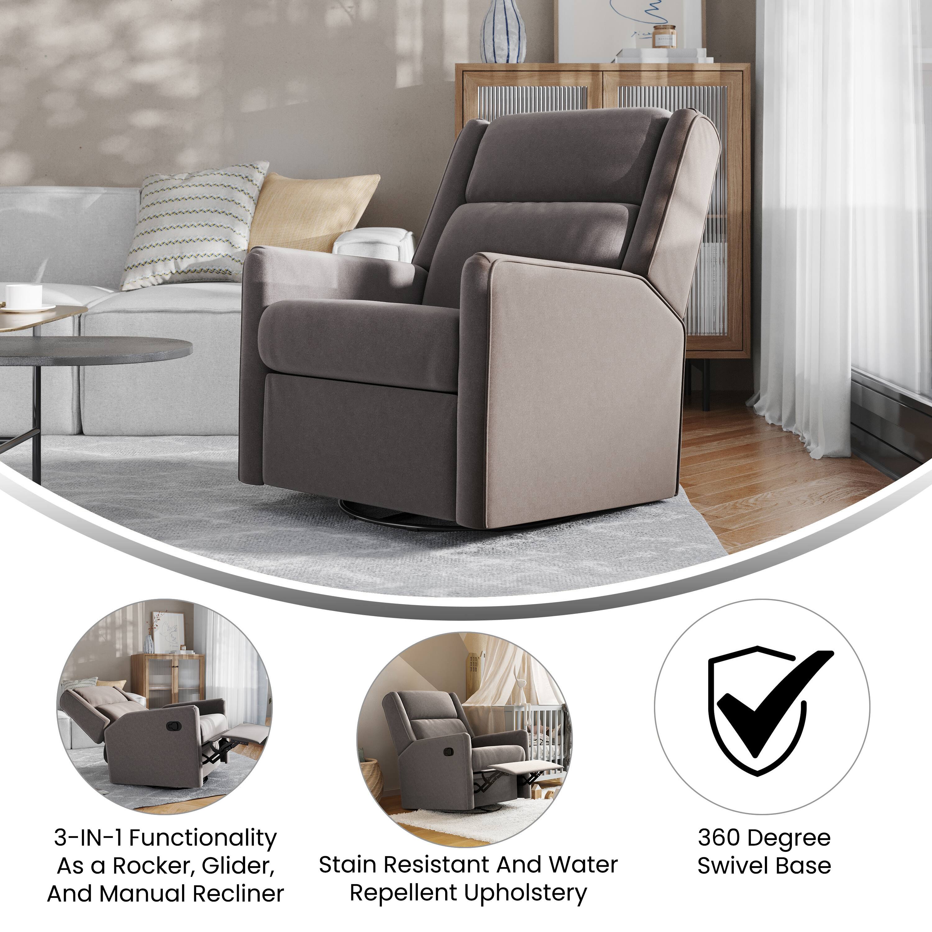 3-IN-1 Functionality: As a Rocker, Glider, and Manual Recliner  
Stain Resistant and Water Repellent Upholstery  
360 Degree Swivel Base