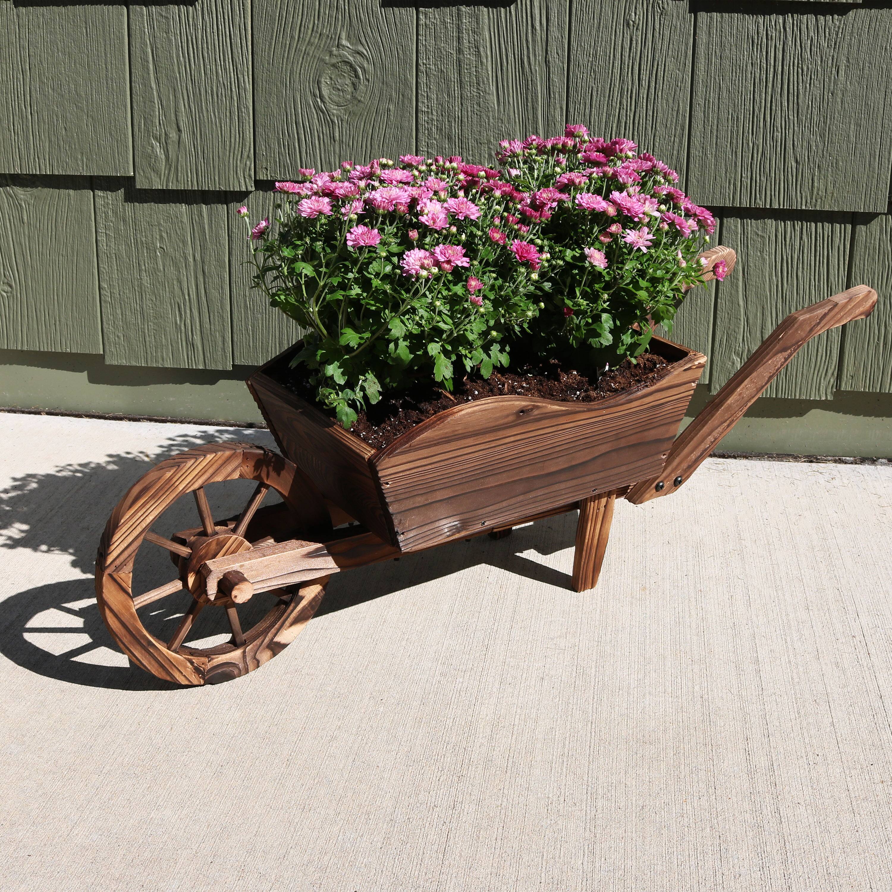 Alt View 5. Sunnydaze - Natural Wooden Fir Decorative Wheelbarrow Garden Planter - Brown.