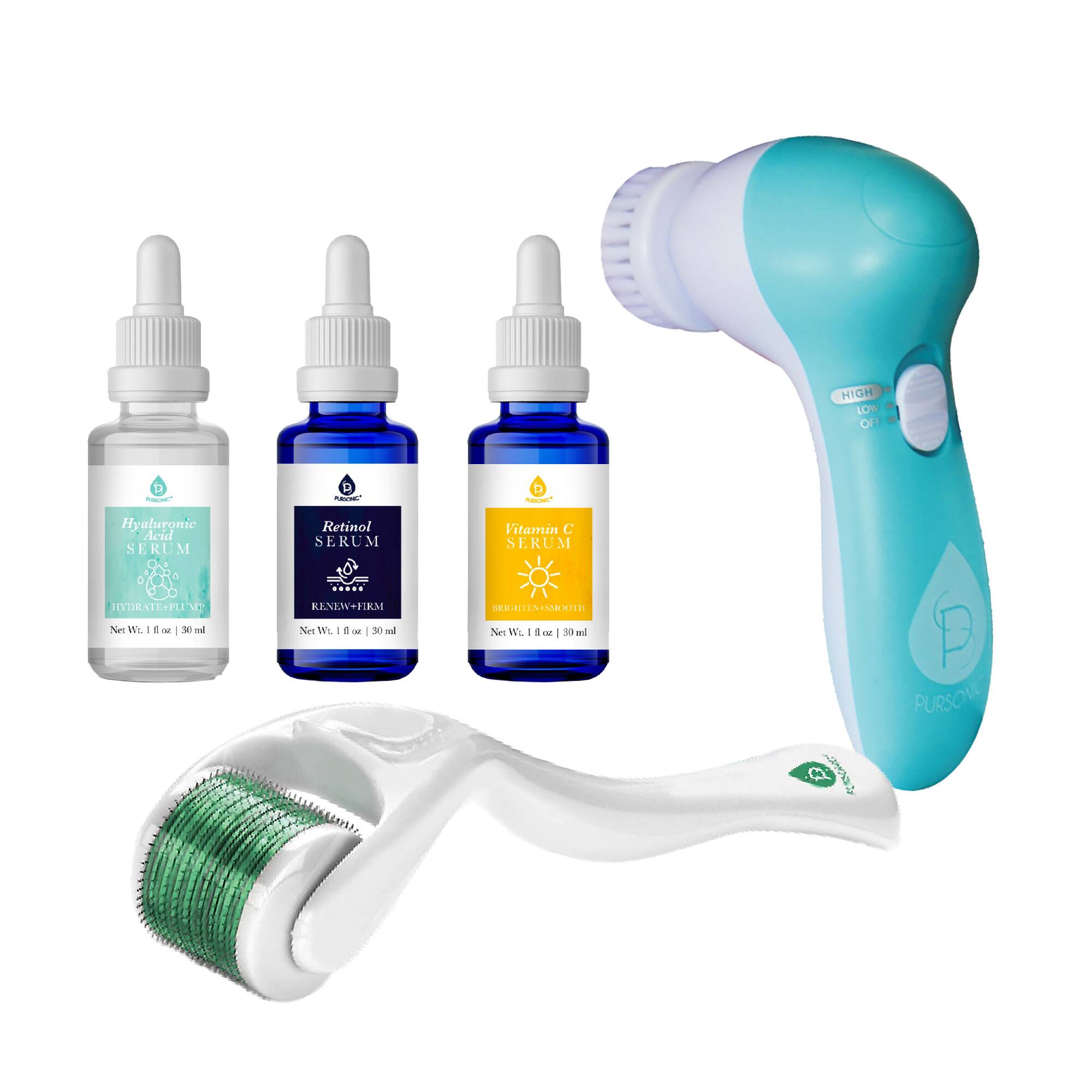 Pursonic - Advanced Facial Cleansing Brush, Anti-Aging Serum Set, and Micro Needle Derma Roller Bundle - Multicolor