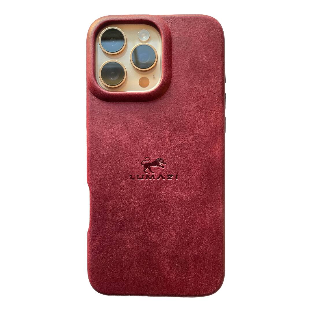 LUMAZI - Handmade, Full Grain Leather, MagSafe iPhone 16 Pro Max Case - Pomegranate