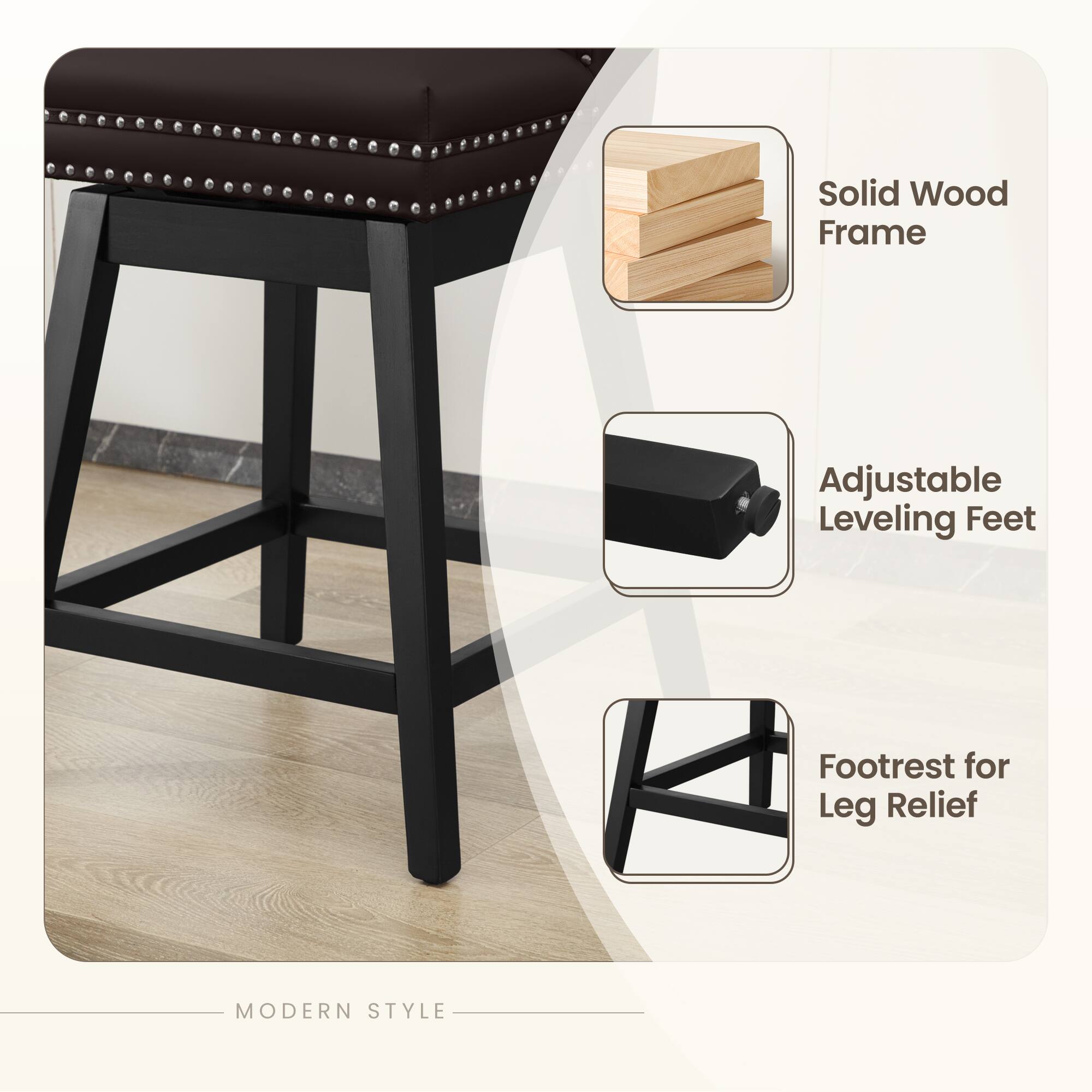 Solid Wood Frame Adjustable Leveling Feet Footrest for Leg Relief MODERN STYLE

- Solid Wood Frame
- Adjustable Leveling Feet
- Footrest for Leg Relief
