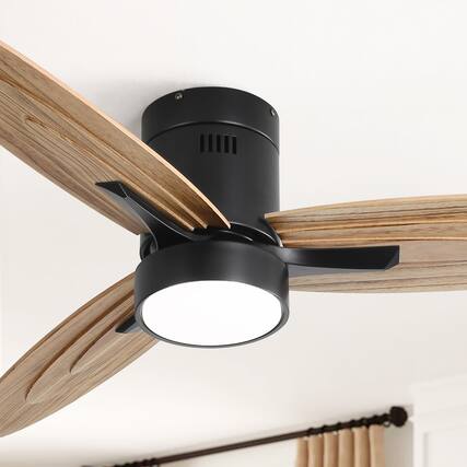 Front. Sofucor - 52'' Flush Mount Ceiling Fan with Light Low Profile Ceiling Fan Natural Wooden Fan Blades,6 Speed,LED Dimmable,DC Motor - Black.