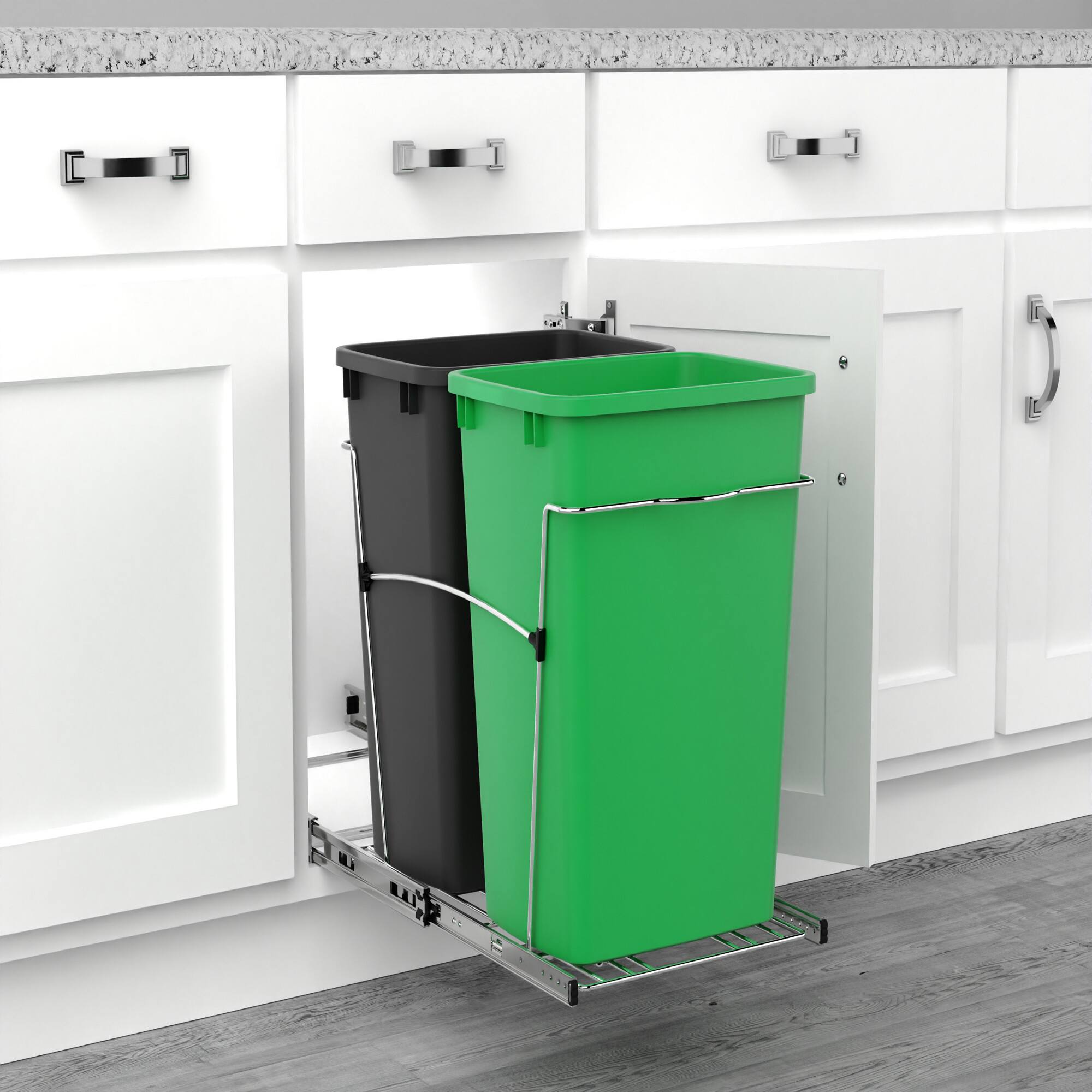 Alt View 4. Rev-A-Shelf - Rev-A-Shelf Double Pullout Trash Can 35 qt. for Kitchen, RV-18KD-1918C-S - Black & Green.