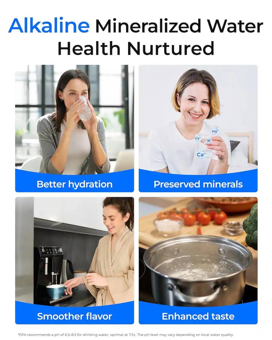 Alkaline Mineralized Water  
Health Nurtured  

Better hydration  
Preserved minerals  
Smoother flavor  
Enhanced taste  

"EPA recommends a pH of 6.5-8.5 for drinking water, optimal at 7.5. The pH level may vary depending on local water quality."
