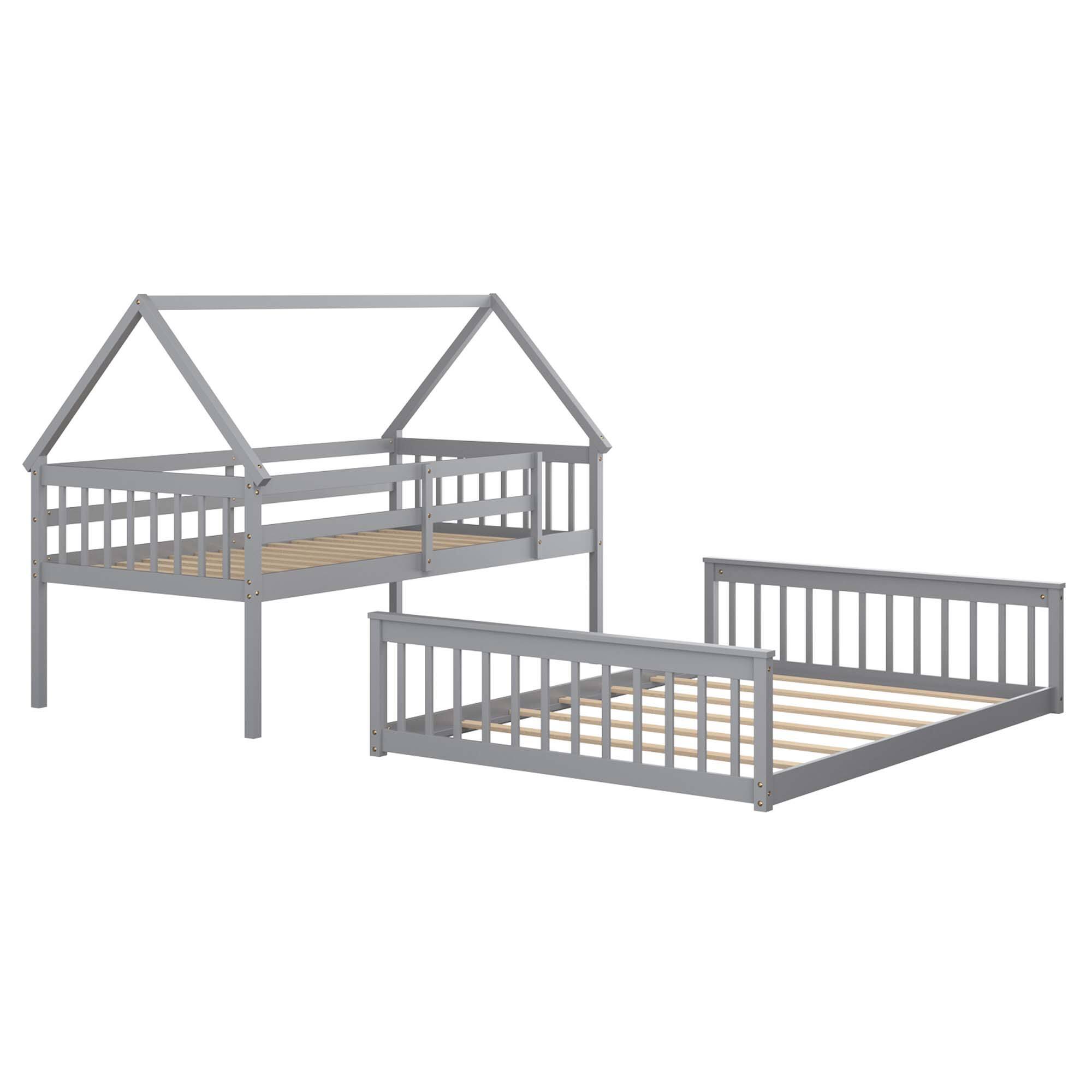 Alt View 9. Costway - Costway Twin Over Full House Bunk Bed with Ladder & Guardrails Convertible to 2 Beds - Grey.