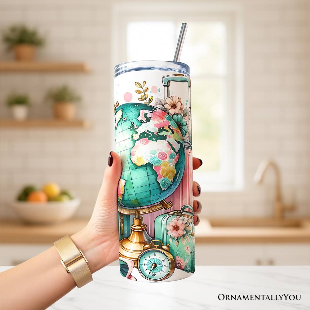 Back. OrnamentallyYou - Pink and Teal Wanderlust Girl Floral Traveler 20oz Tumbler With Lid and Stainless Steel Straw - Multicolored.