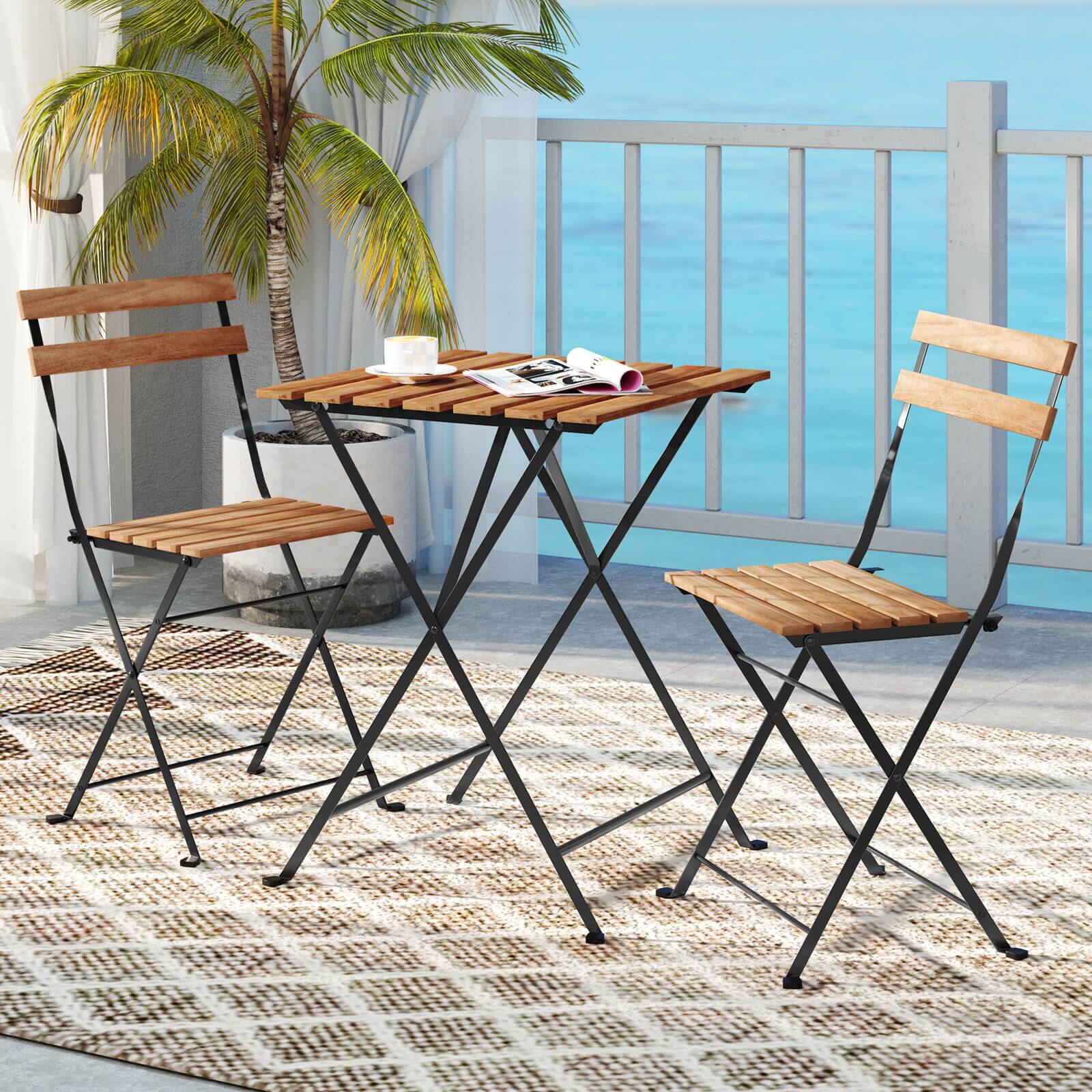 Alt View 3. Costway - Costway 3 PCS Patio Acacia Wood Bistro Set Bistro Table with 2 Folding Chairs Slatted Seat - Brown.