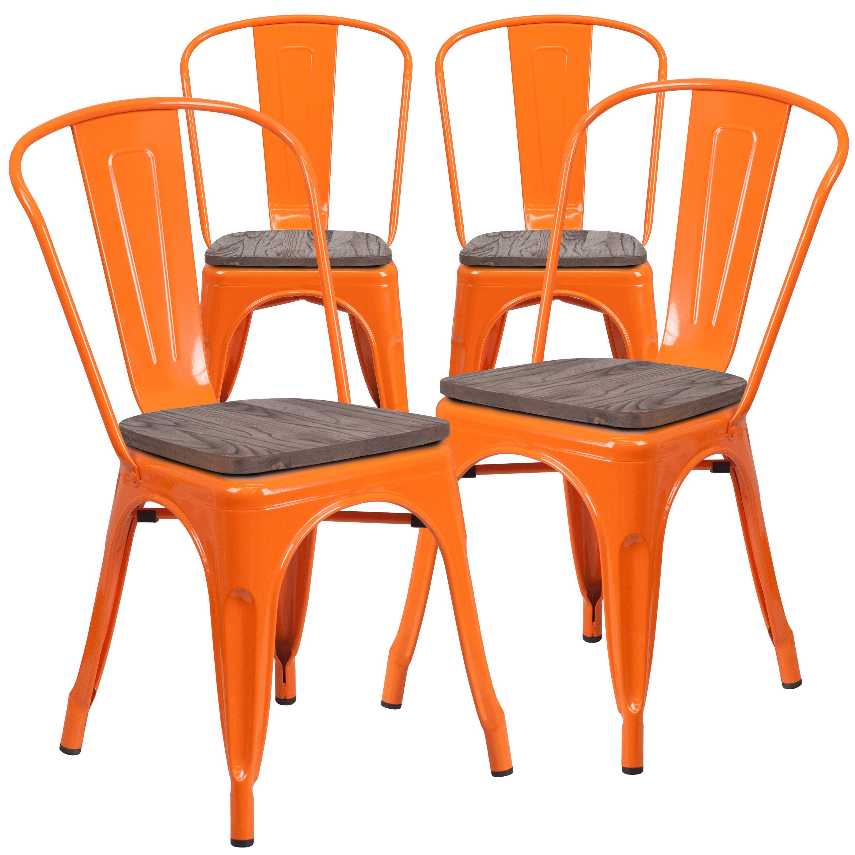 Alt View 1. Emma + Oliver - 4 Pack Metal Stackable Chair with Wood Seat - Orange.