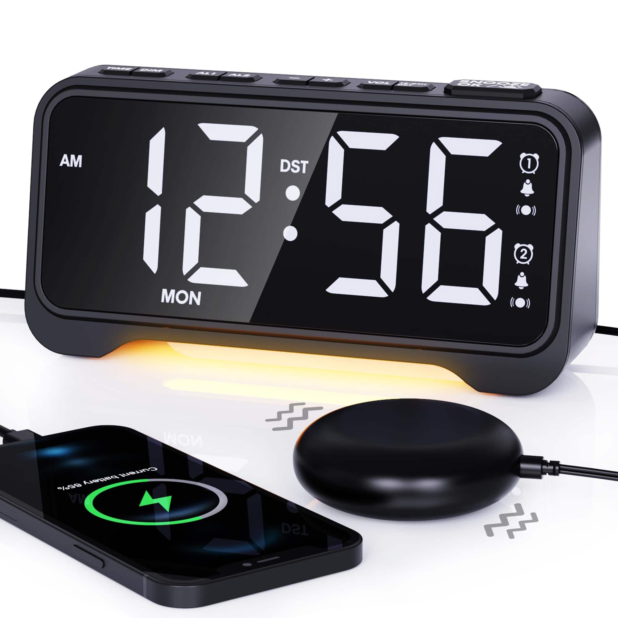 Dazzed Corner - 7.5" Screen Digital Alarm Clock, Dual Alarm, Nightlight - Black