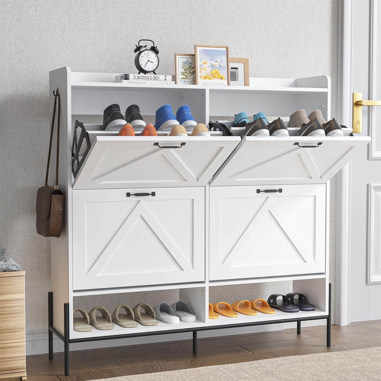 Acekool - Large Shoe Cabinet with 4 Flip Drawers Freestanding Shoe Organizer with Adjustable Shelves - White