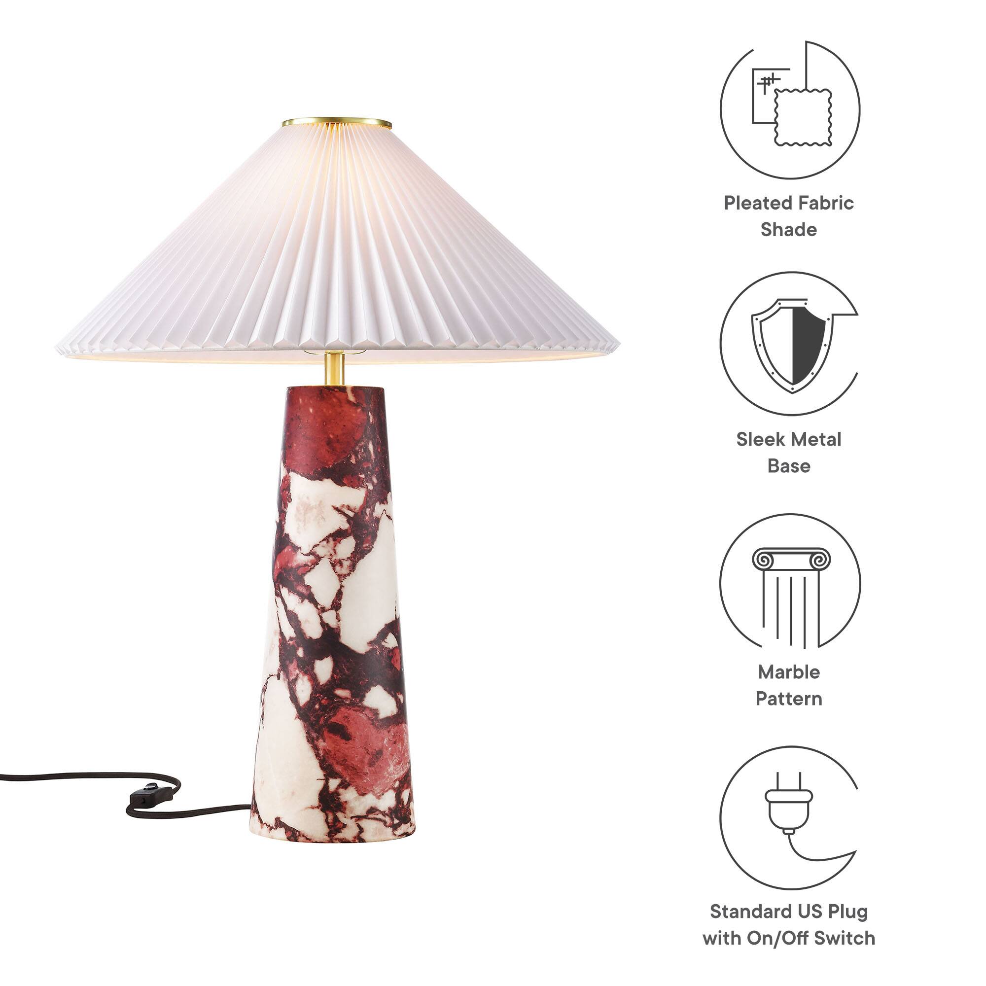 Pleated Fabric Shade  
Sleek Metal Base  
Marble Pattern  
Standard US Plug with On/Off Switch