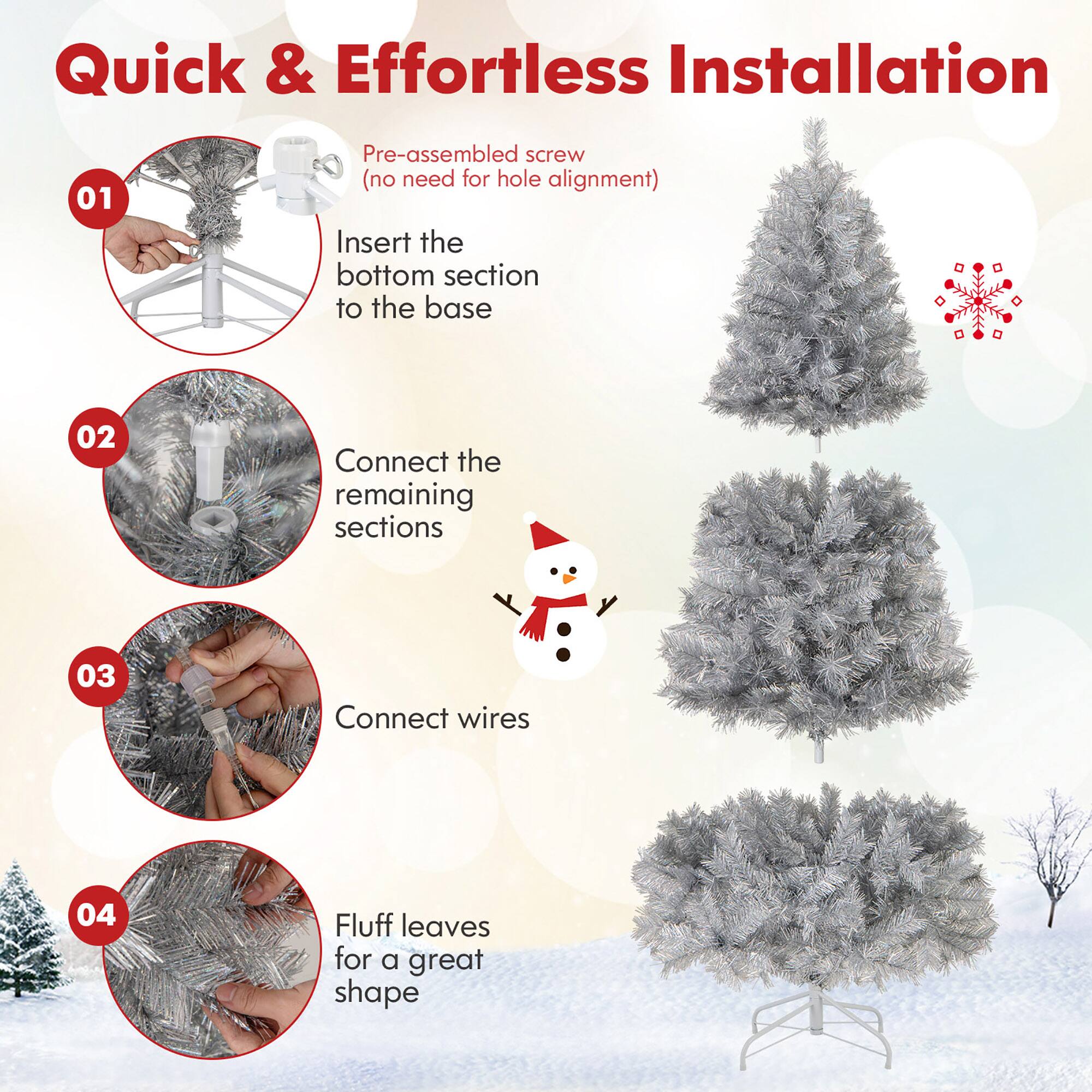 Quick & Effortless Installation

01 Pre-assembled screw (no need for hole alignment)
Insert the bottom section to the base

02 Connect the remaining sections

03 Connect wires

04 Fluff leaves for a great shape