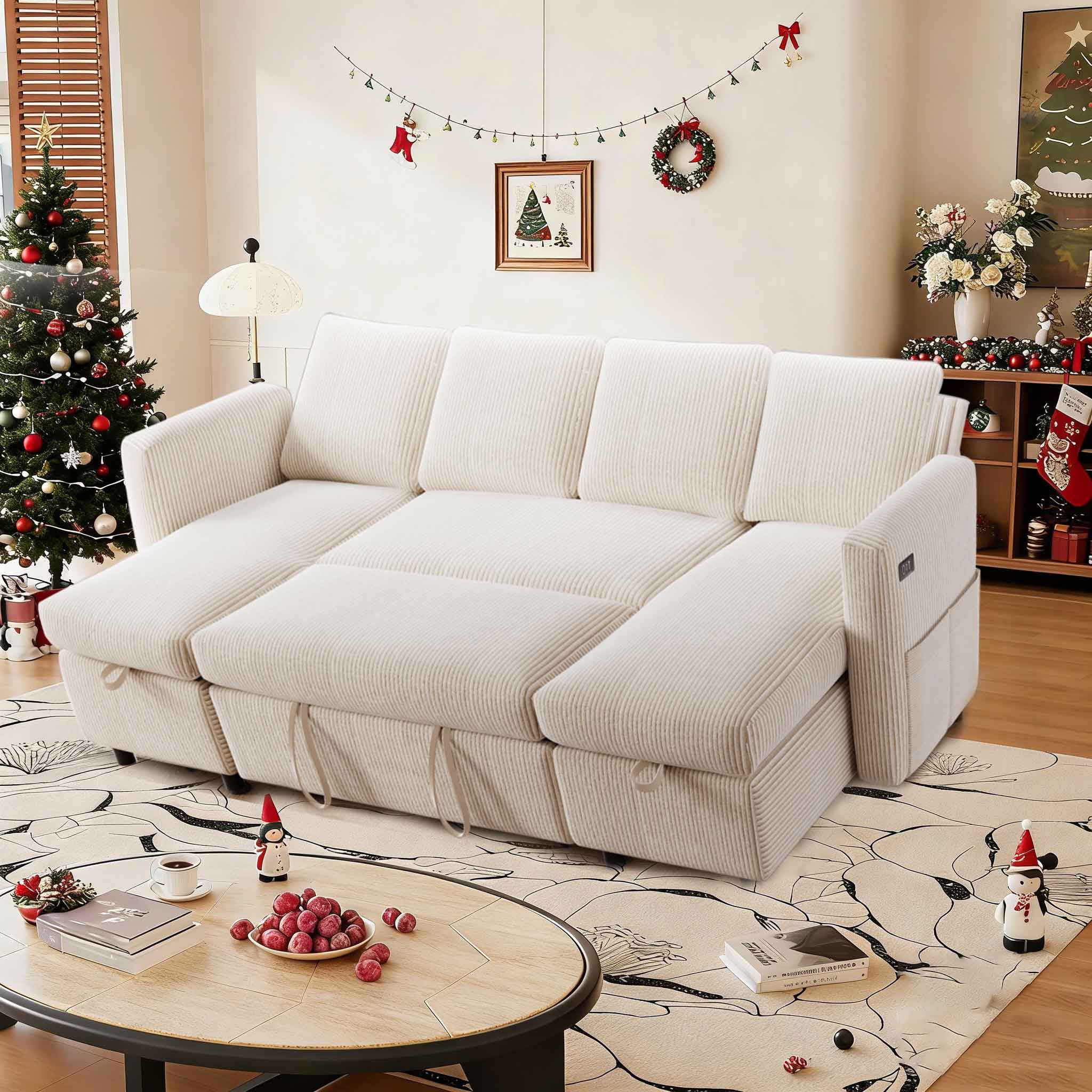 Dyonery - 105" Sectional Sleeper Sofa,Pull Out Couch with Reclining Backrest,USB Ports, Tool-Free Assembly, Corduroy Beige - Corduroy Beige